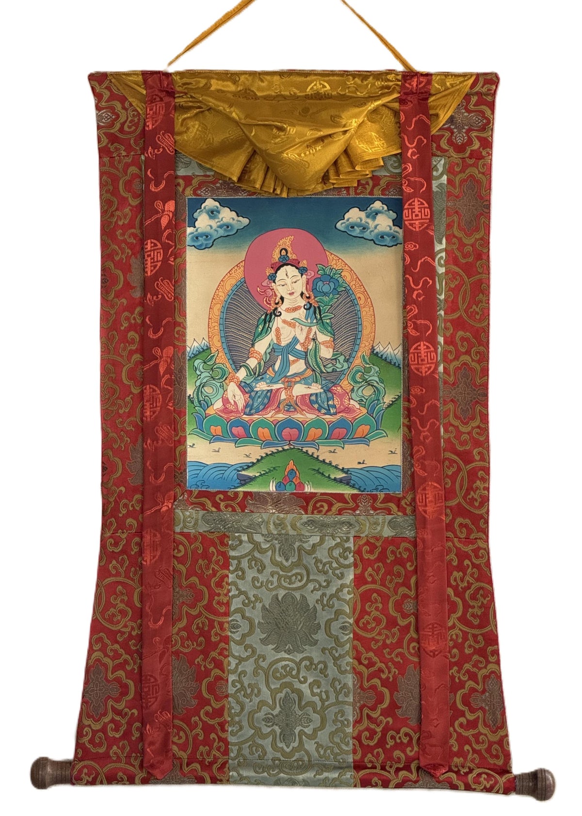 White Tara Tibetan Thangka Painting | Semi-Old Smoky Hand-Painted Art | Silk Brocade Wall Hanging