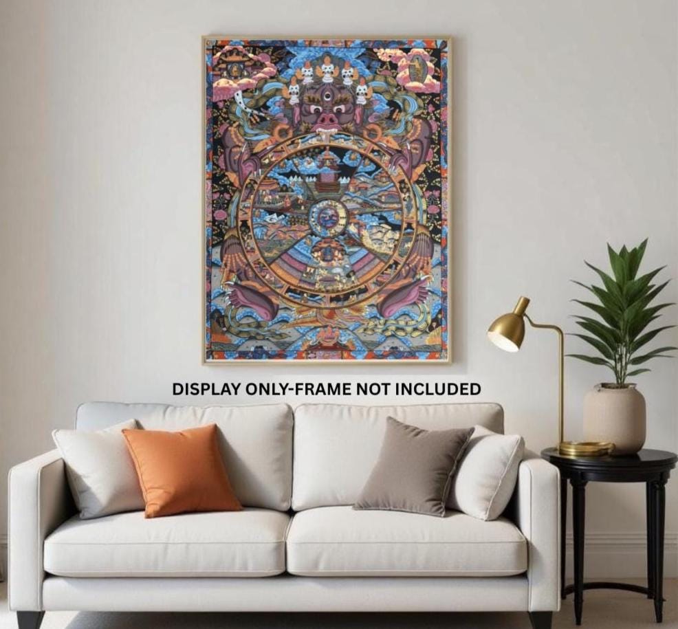 Samsara Wheel of Life Thangka | Tibetan Bhavachakra Mandala | Hand-Painted Meditation Art with Silk Brocade