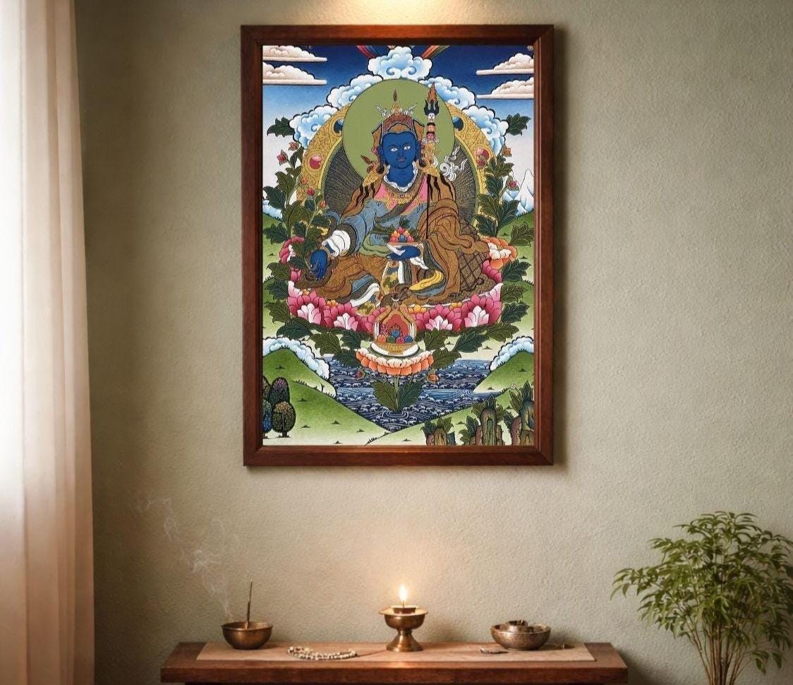 Hand-Painted Orgyen Menla Thangka | Guru Rinpoche Medicine Buddha Painting | Tibetan Healing Art