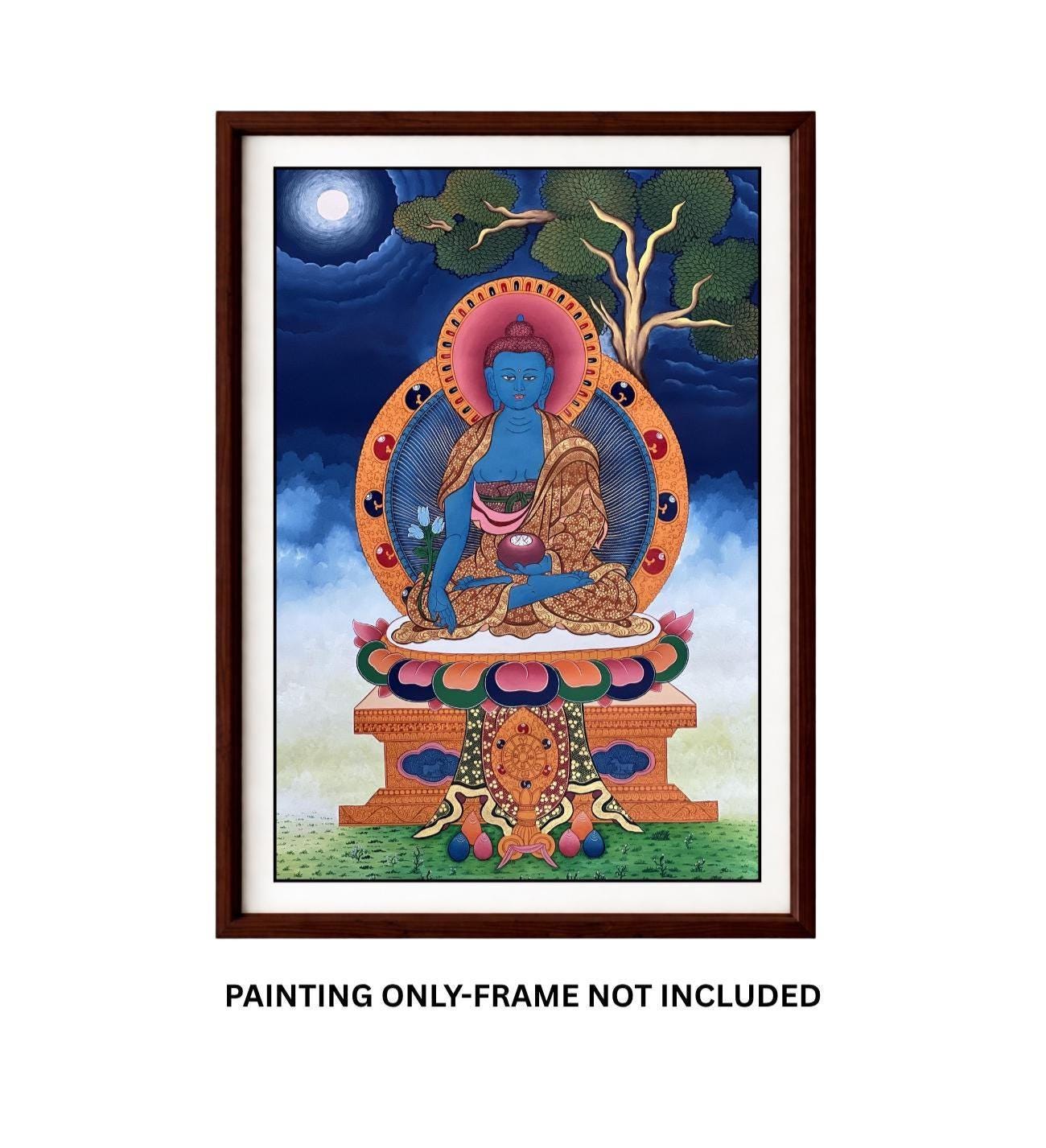 Medicine Buddha Thangka | Hand-Painted Bhaisajyaguru Healing Art with Silk Brocade