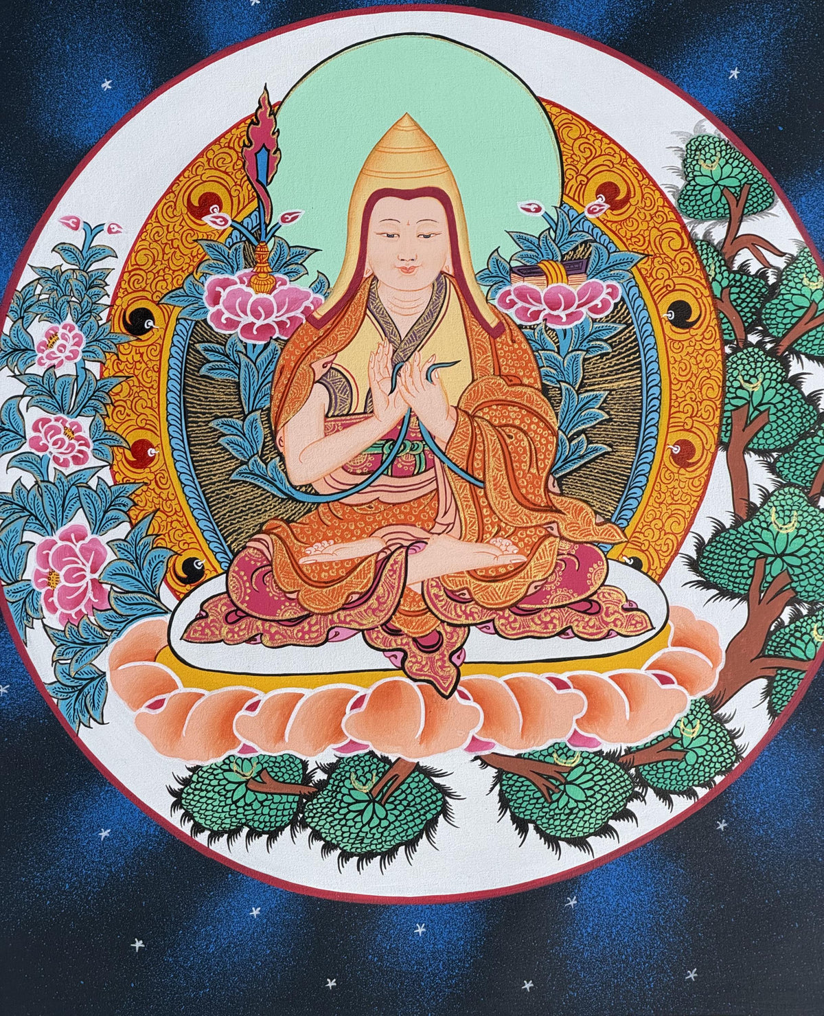 Tsongkhapa Thangka with Silk Brocade | Hand-Painted Tibetan Buddhist Master Art