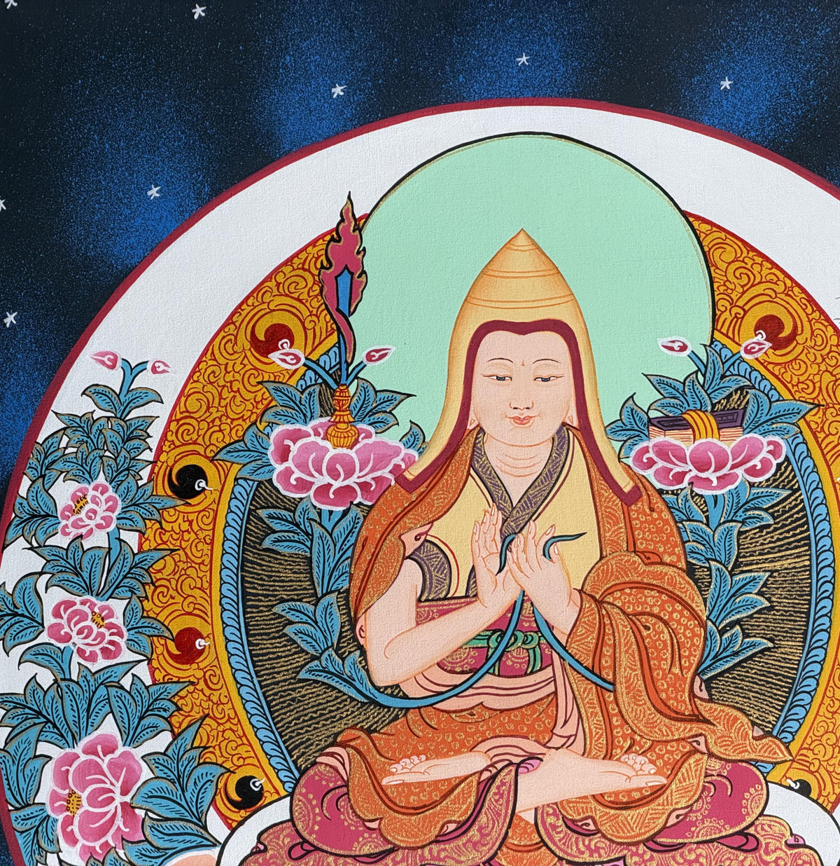 Tsongkhapa Thangka with Silk Brocade | Hand-Painted Tibetan Buddhist Master Art