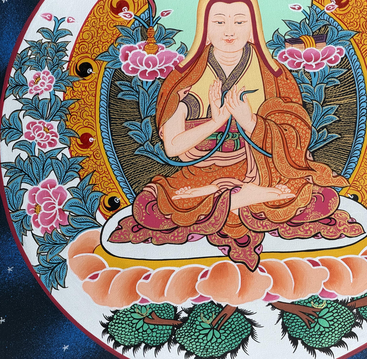 Tsongkhapa Thangka with Silk Brocade | Hand-Painted Tibetan Buddhist Master Art