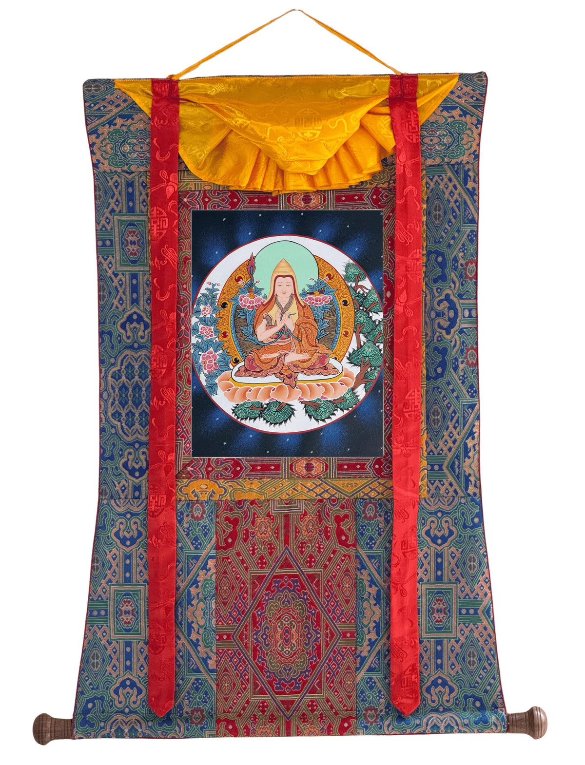 Tsongkhapa Thangka with Silk Brocade | Hand-Painted Tibetan Buddhist Master Art