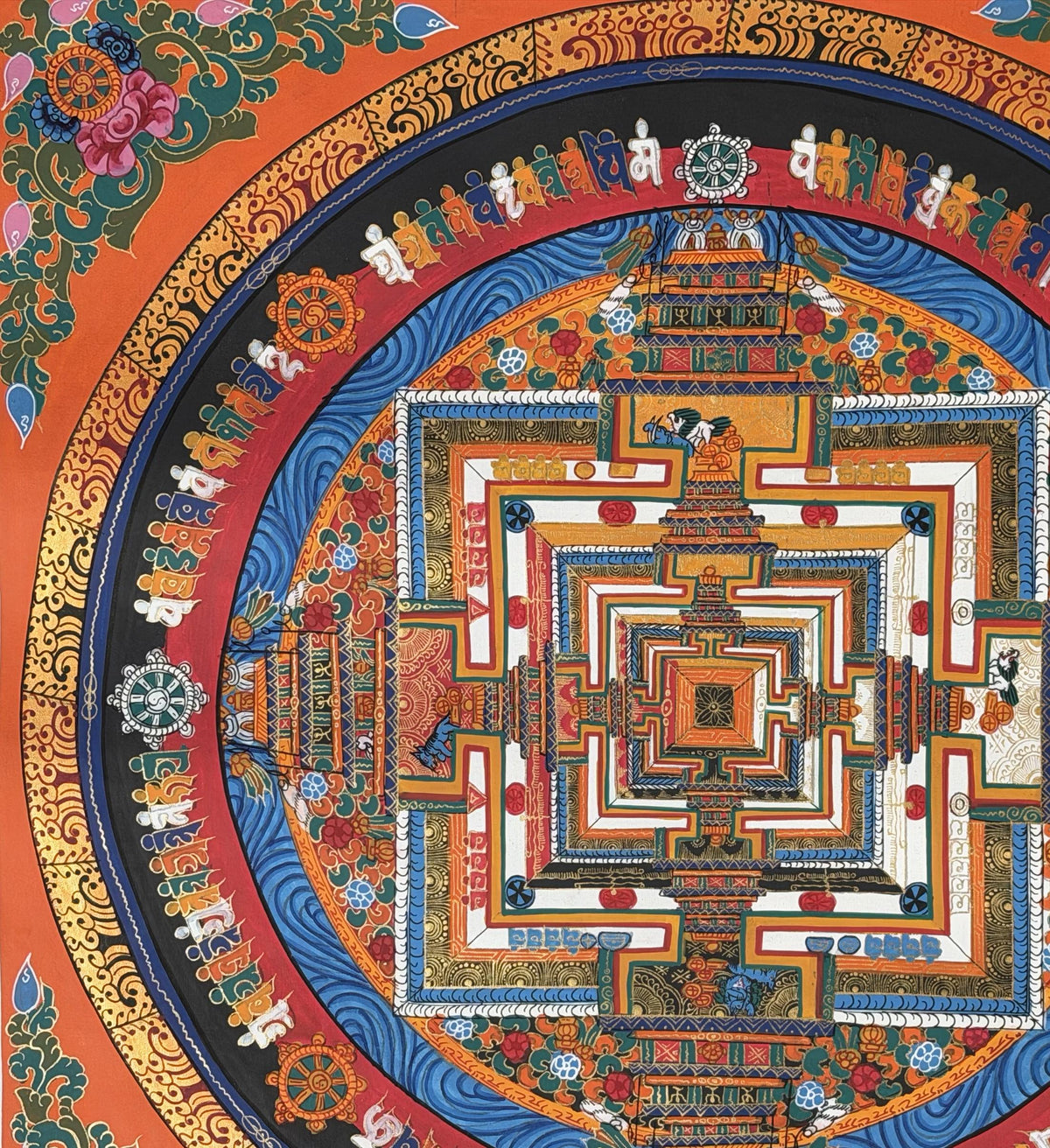 Kalachakra Mandala Thangka with Silk Brocade | Tibetan Wheel of Time Buddhist Wall Art