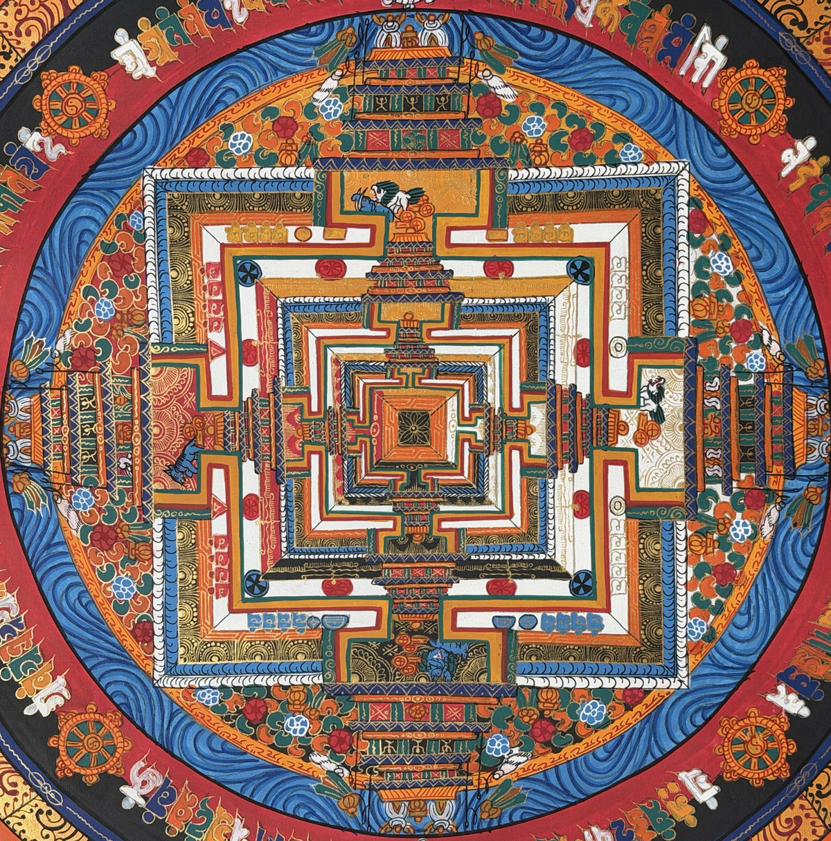 Kalachakra Mandala Thangka with Silk Brocade | Tibetan Wheel of Time Buddhist Wall Art