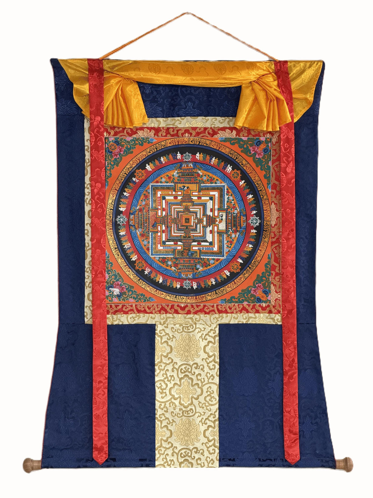 Kalachakra Mandala Thangka with Silk Brocade | Tibetan Wheel of Time Buddhist Wall Art