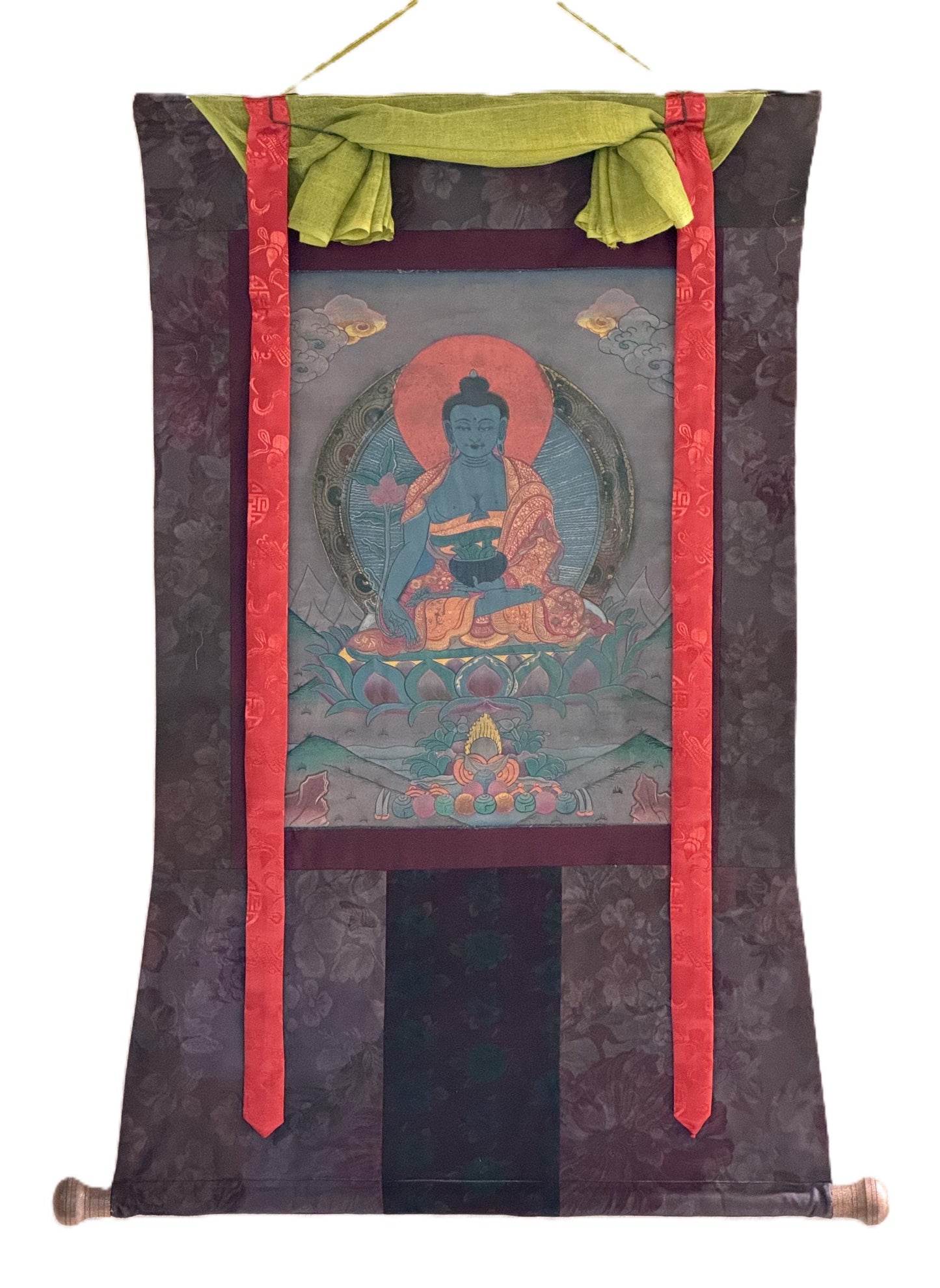 Old Medicine Buddha Thangka | Hand-Painted Bhaisajyaguru Healing Art with Silk Brocade