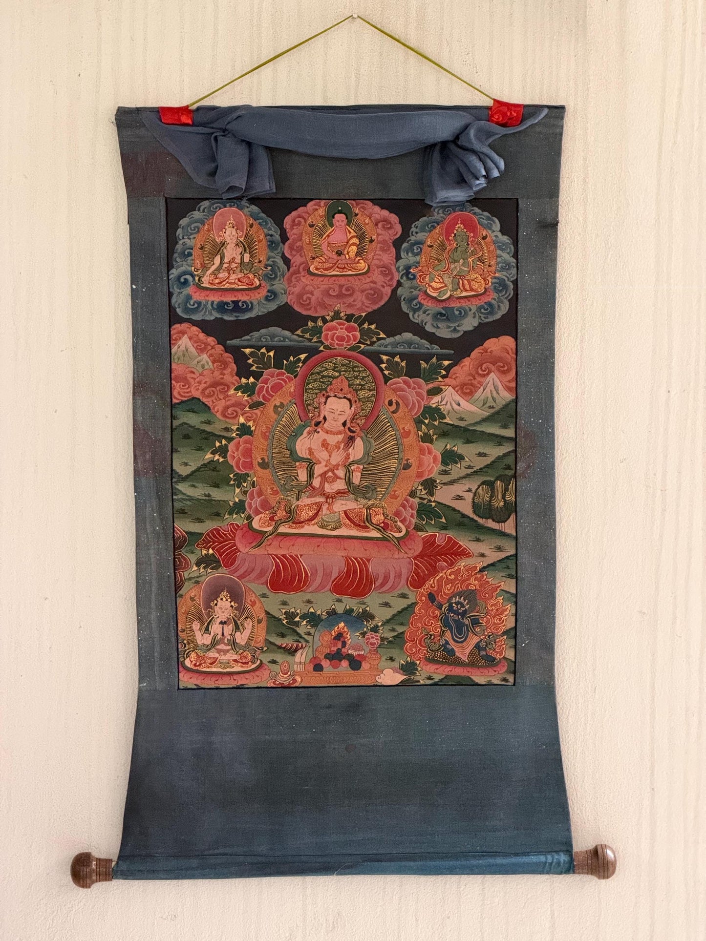 Old Vajradhara Thangka | Hand-Painted Primordial Buddha Narrow Border Tibetan Art