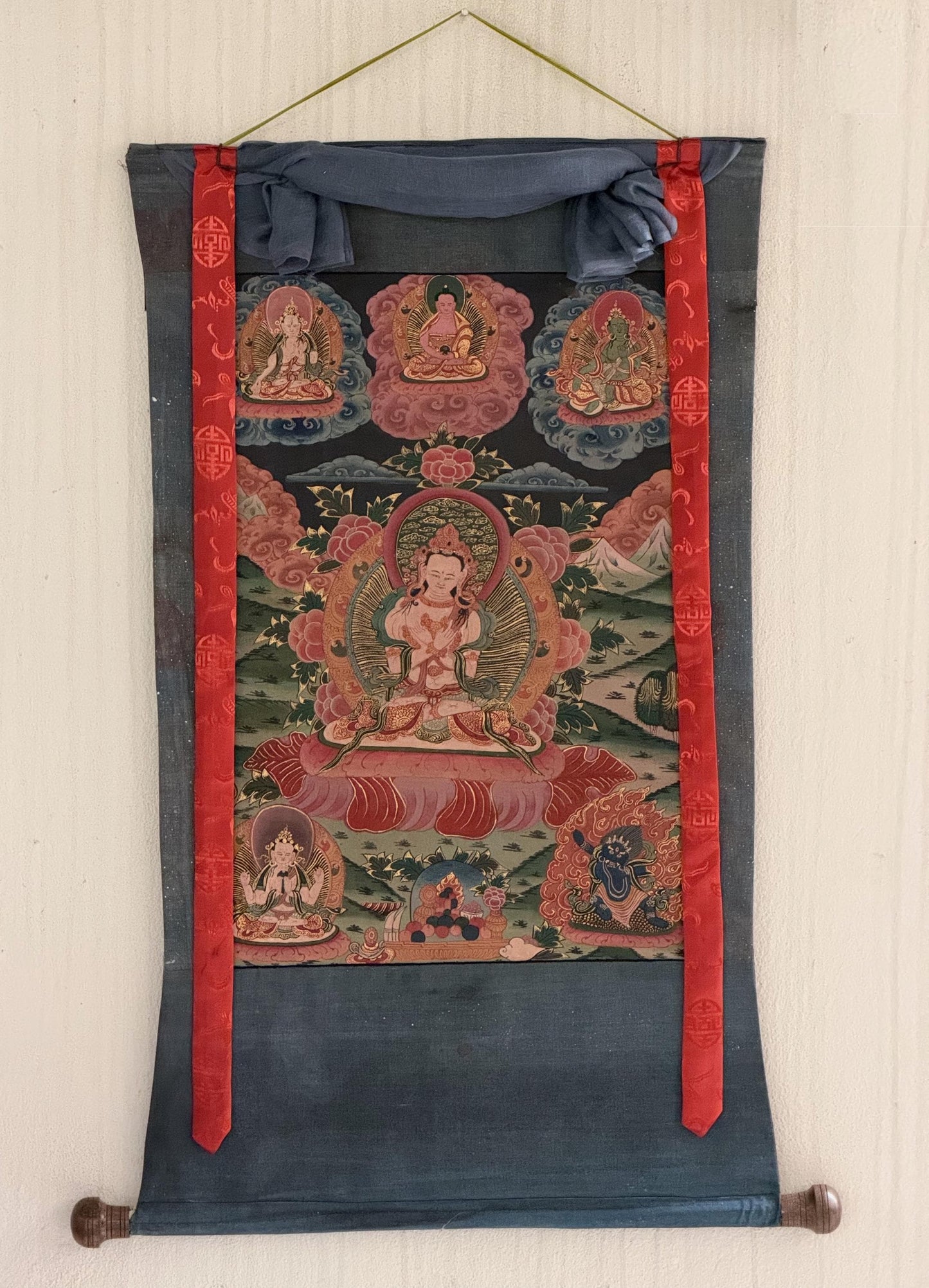 Old Vajradhara Thangka | Hand-Painted Primordial Buddha Narrow Border Tibetan Art