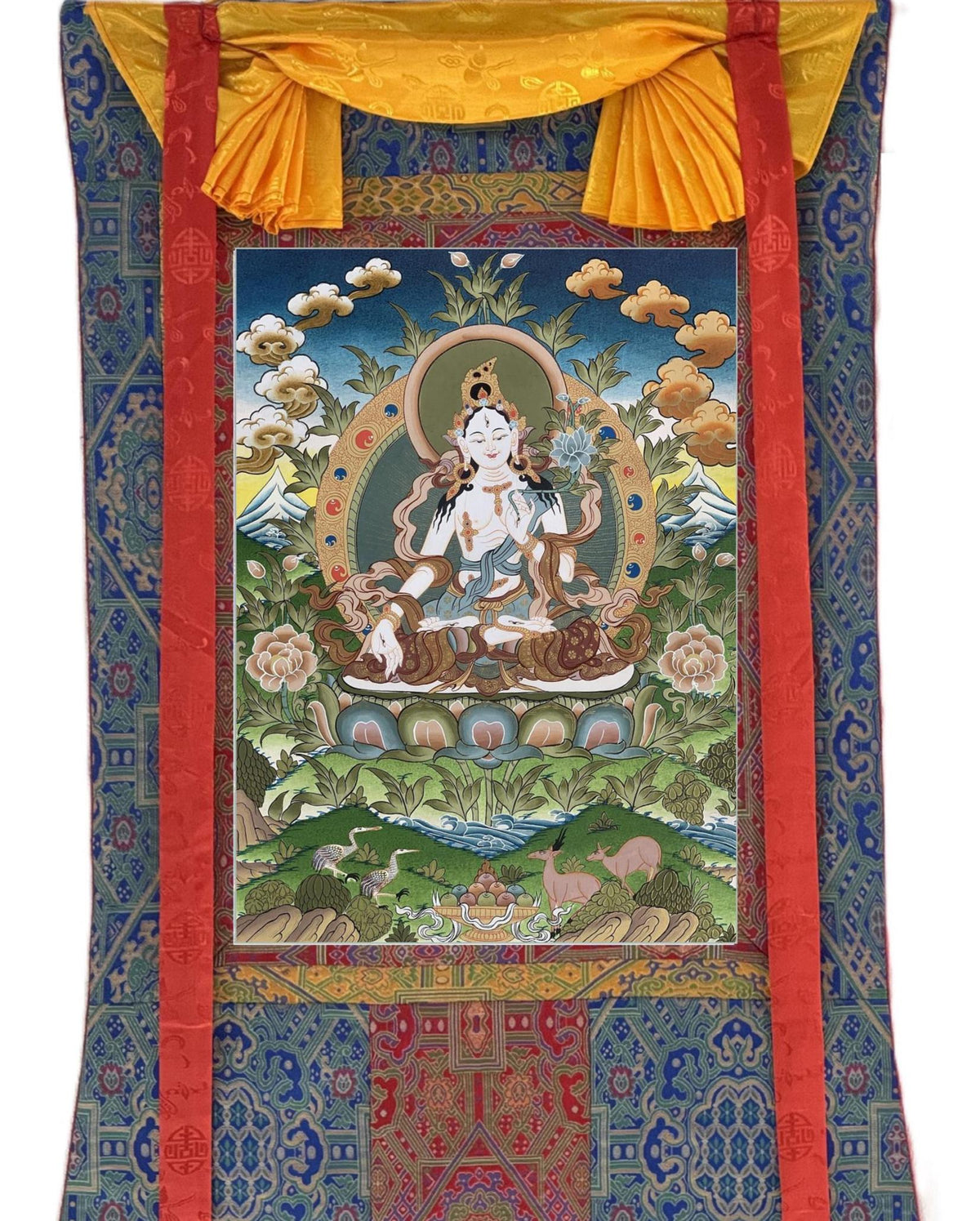 White Tara Thangka with Silk Brocade | Hand-Painted Tibetan Goddess of Compassion Art