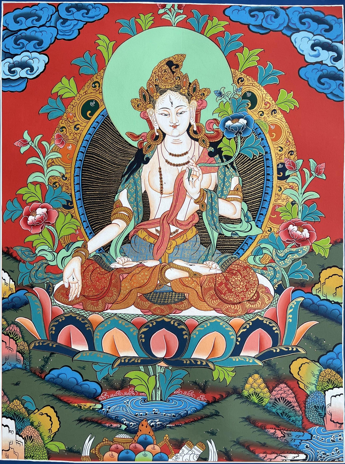 White Tara Tibetan Thangka with Silk Brocade | Hand-Painted Goddess of Compassion Art