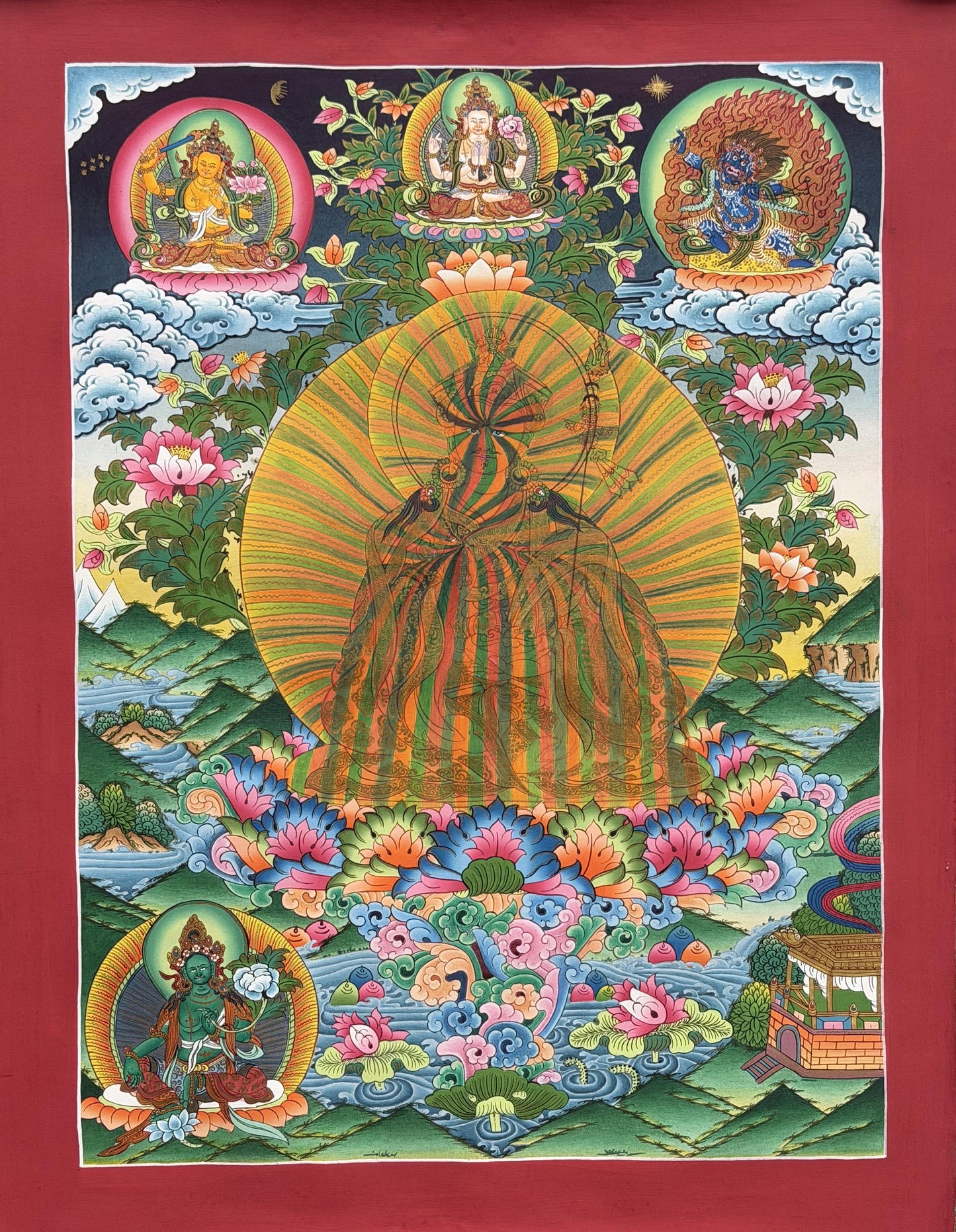 Guru Rinpoche Rainbow Body Thangka | Hand-Painted Padmasambhava Tibetan Art with Silk Brocade