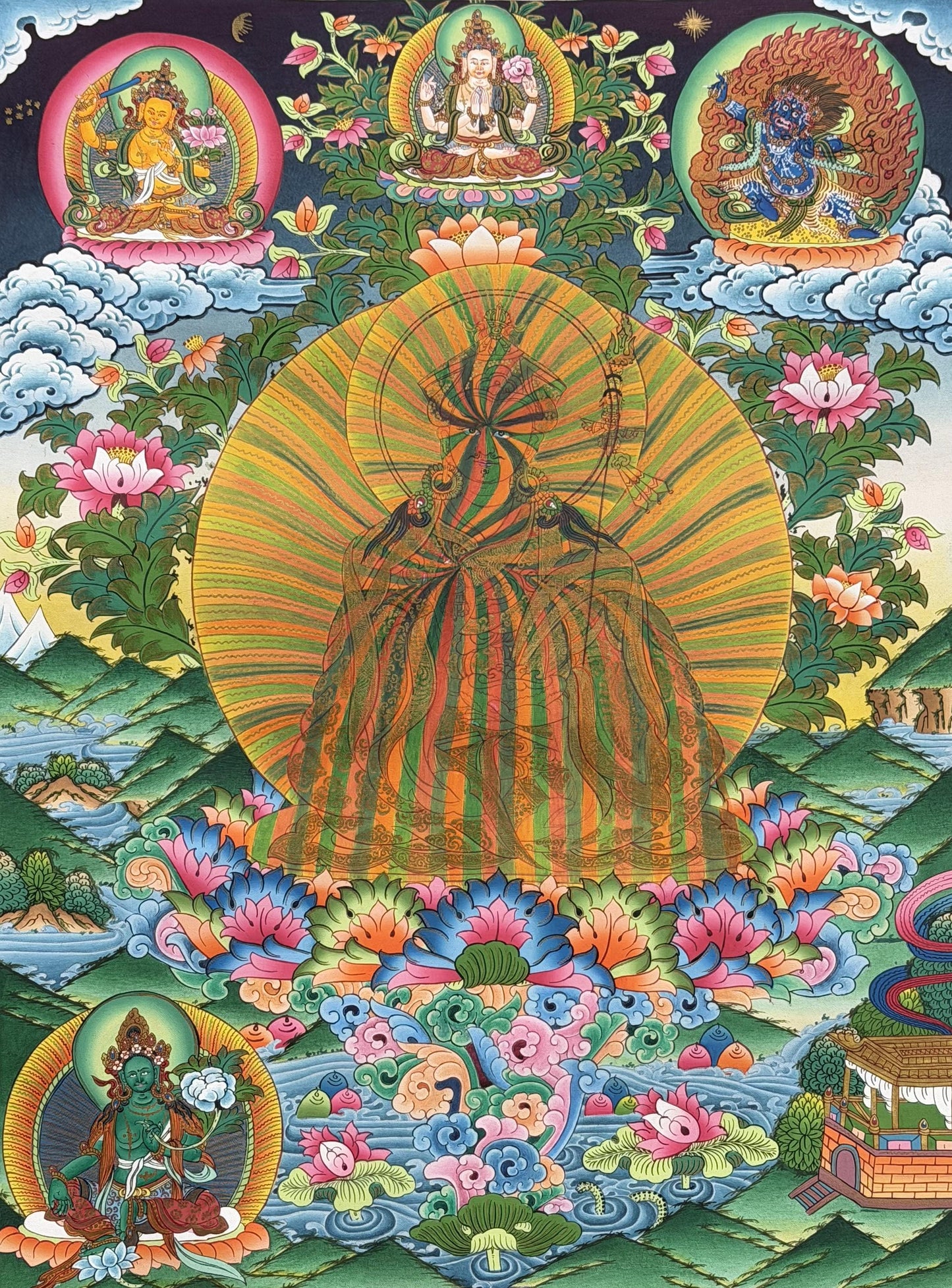 Guru Rinpoche Rainbow Body Thangka | Hand-Painted Padmasambhava Tibetan Art with Silk Brocade