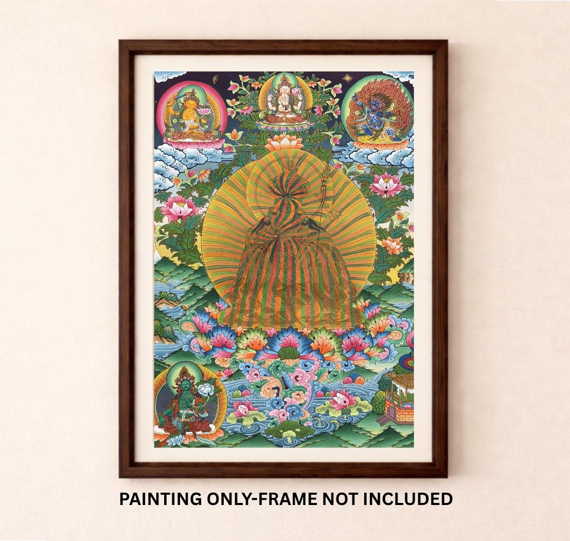 Guru Rinpoche Rainbow Body Thangka | Hand-Painted Padmasambhava Tibetan Art with Silk Brocade
