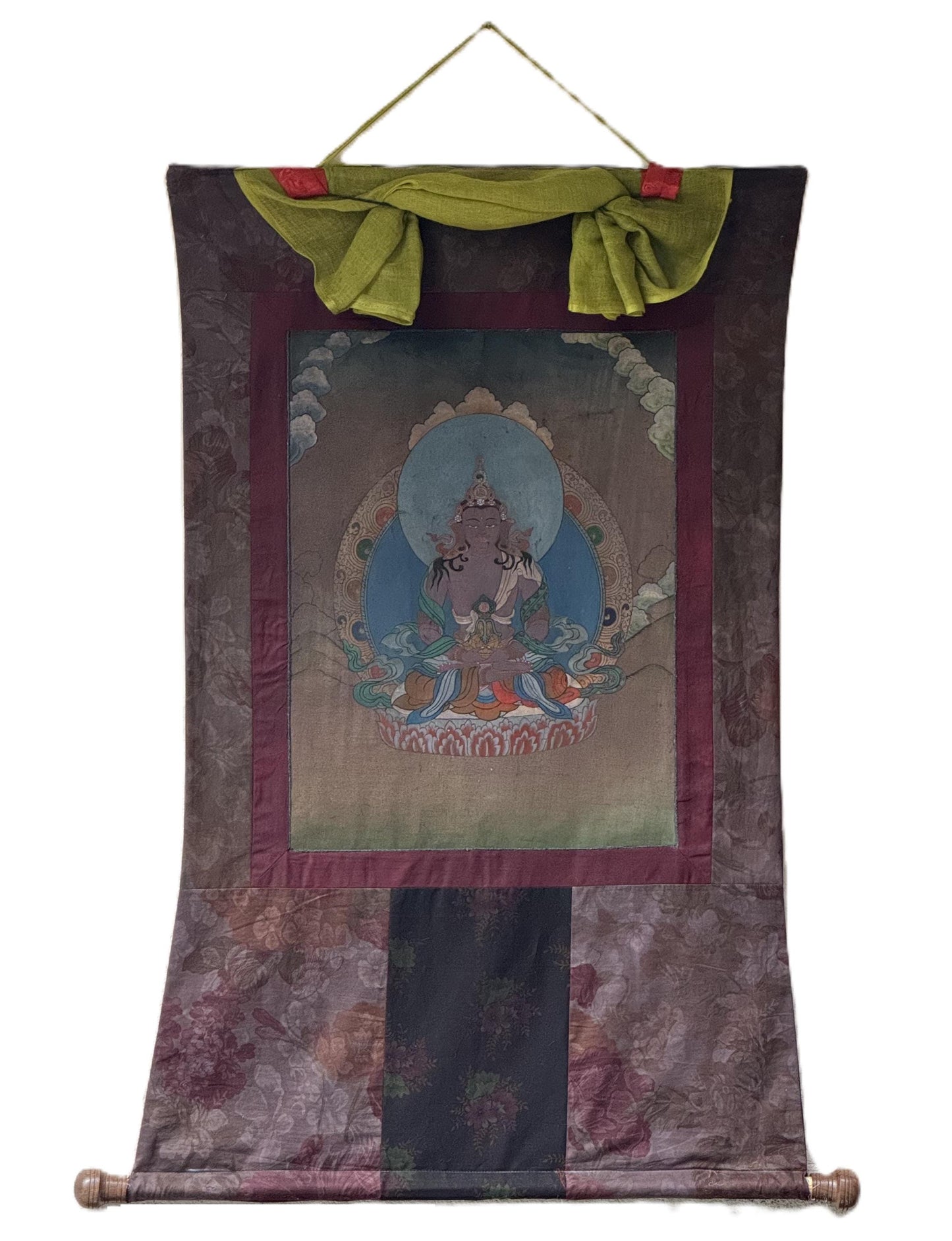 Old Amitayus Thangka | Hand-Painted Longevity Buddha Cotton Brocade Tibetan Art
