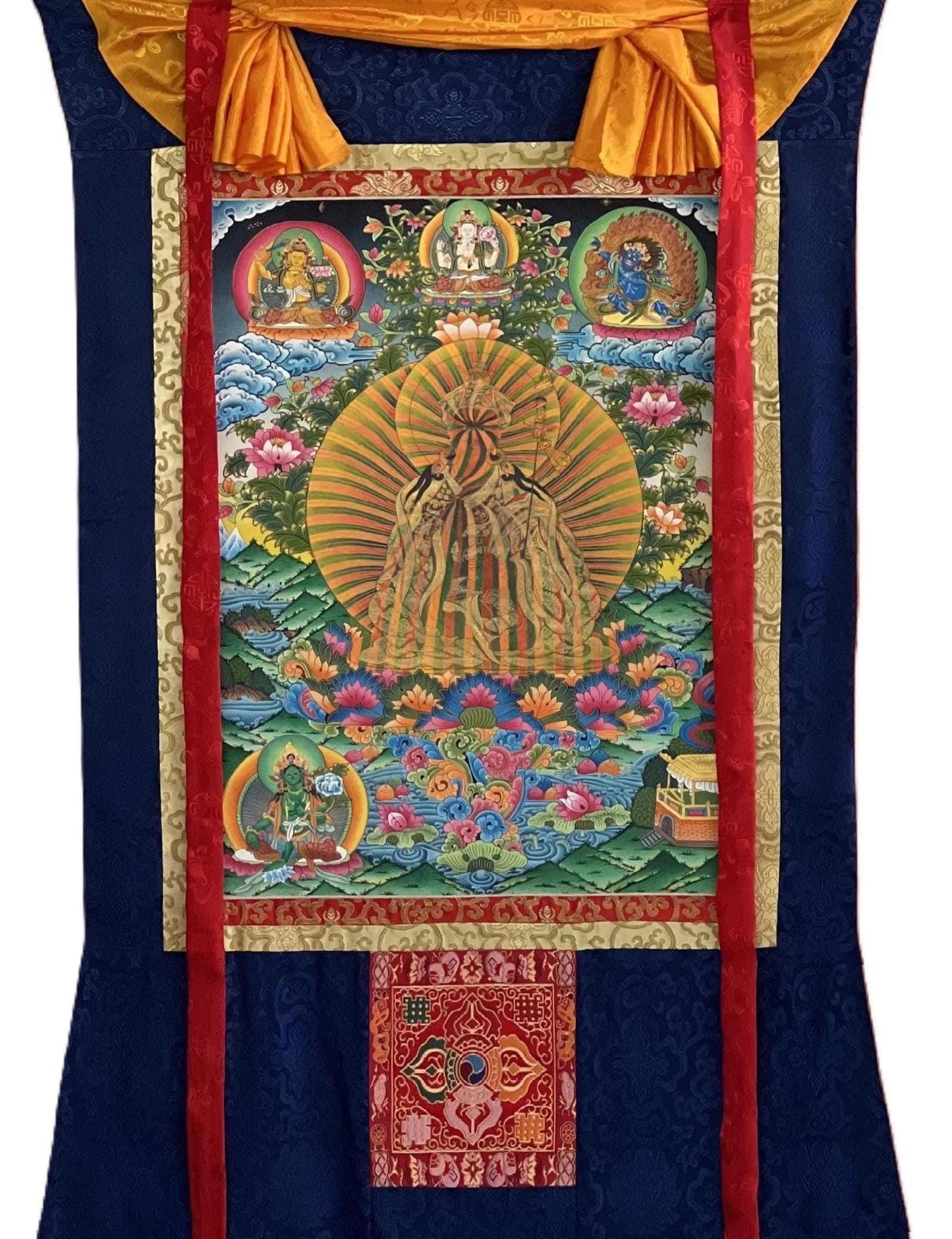 Guru Rinpoche Rainbow Body Thangka | Hand-Painted Tibetan Enlightenment Art with Silk Brocade