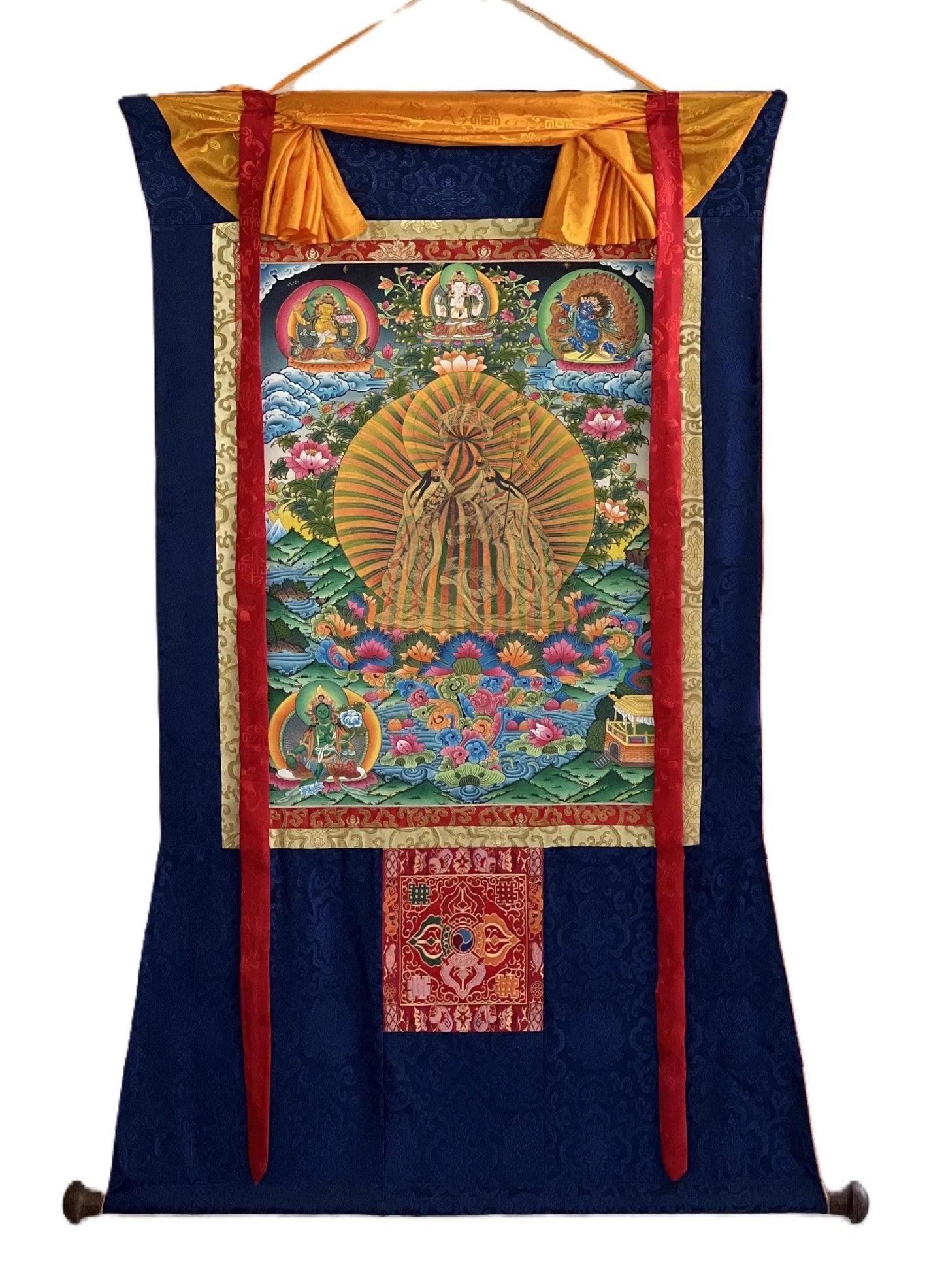 Guru Rinpoche Rainbow Body Thangka | Hand-Painted Tibetan Enlightenment Art with Silk Brocade