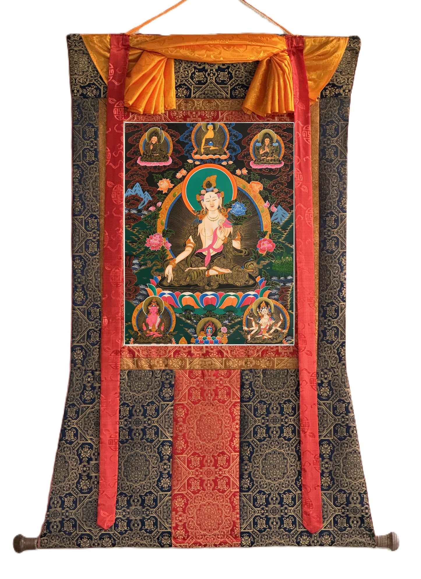 Hand-Painted White Tara Thangka with Silk Brocade - Seven Eyes Tibetan Goddess of Compassion