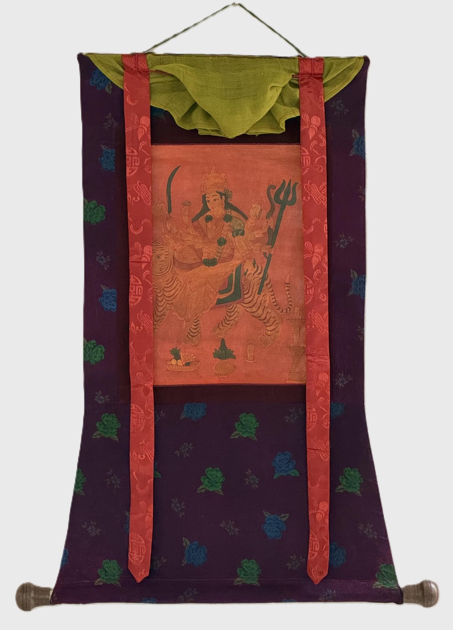 Durga Thangka Oil Varnished | Hand-Painted Hindu Goddess Art with Cotton Brocade