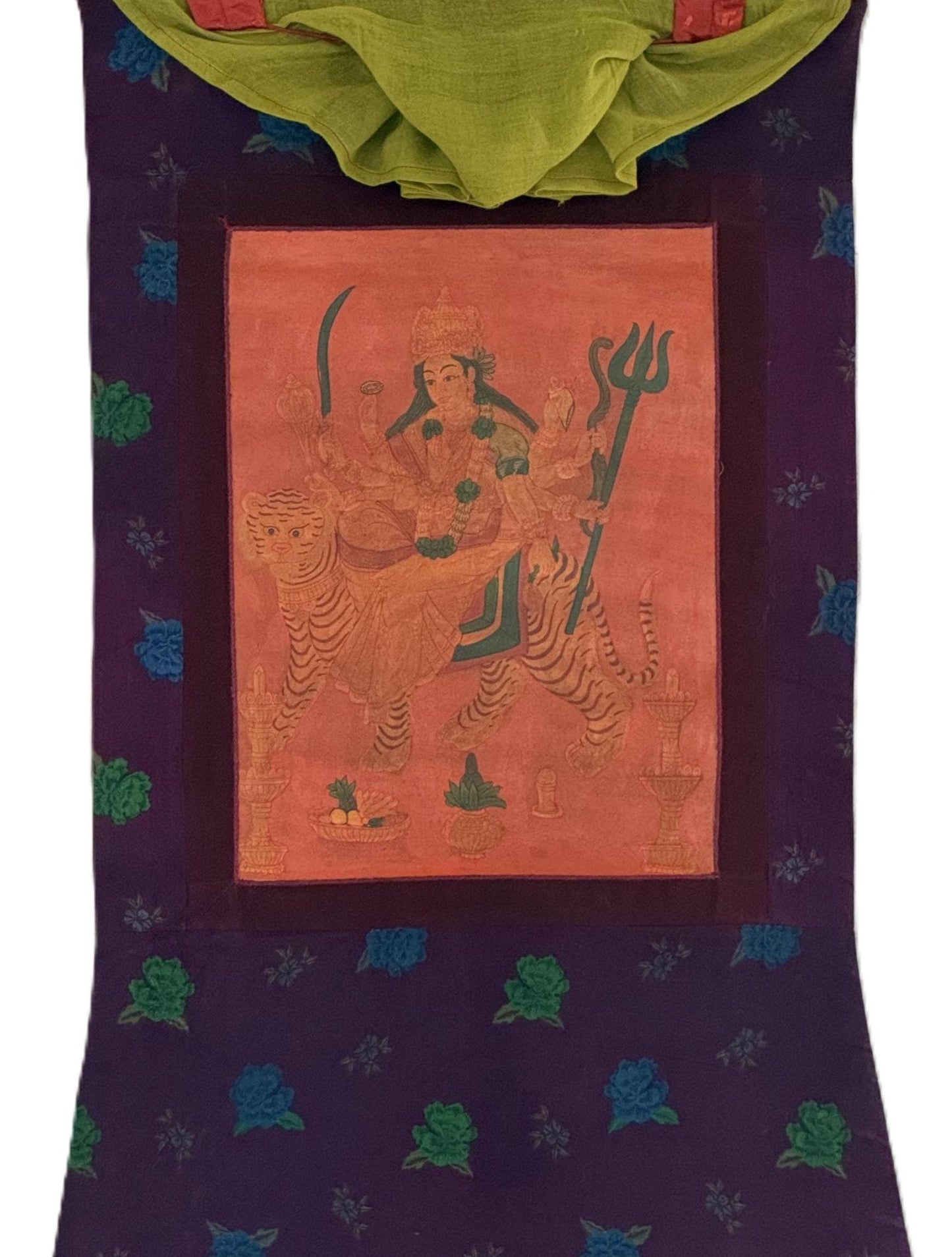 Durga Thangka Oil Varnished | Hand-Painted Hindu Goddess Art with Cotton Brocade