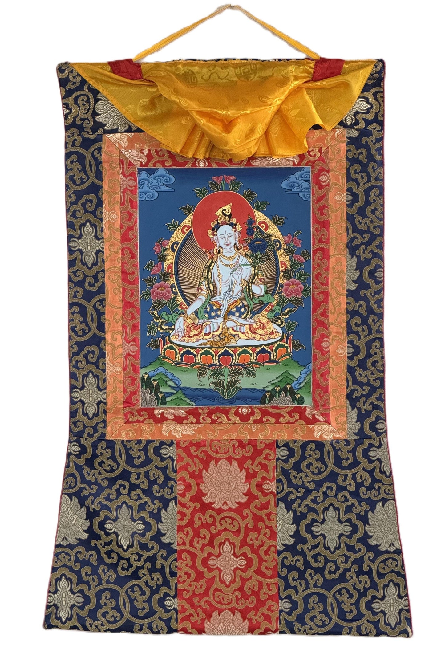 Hand-Painted White Tara Thangka with Silk Brocade