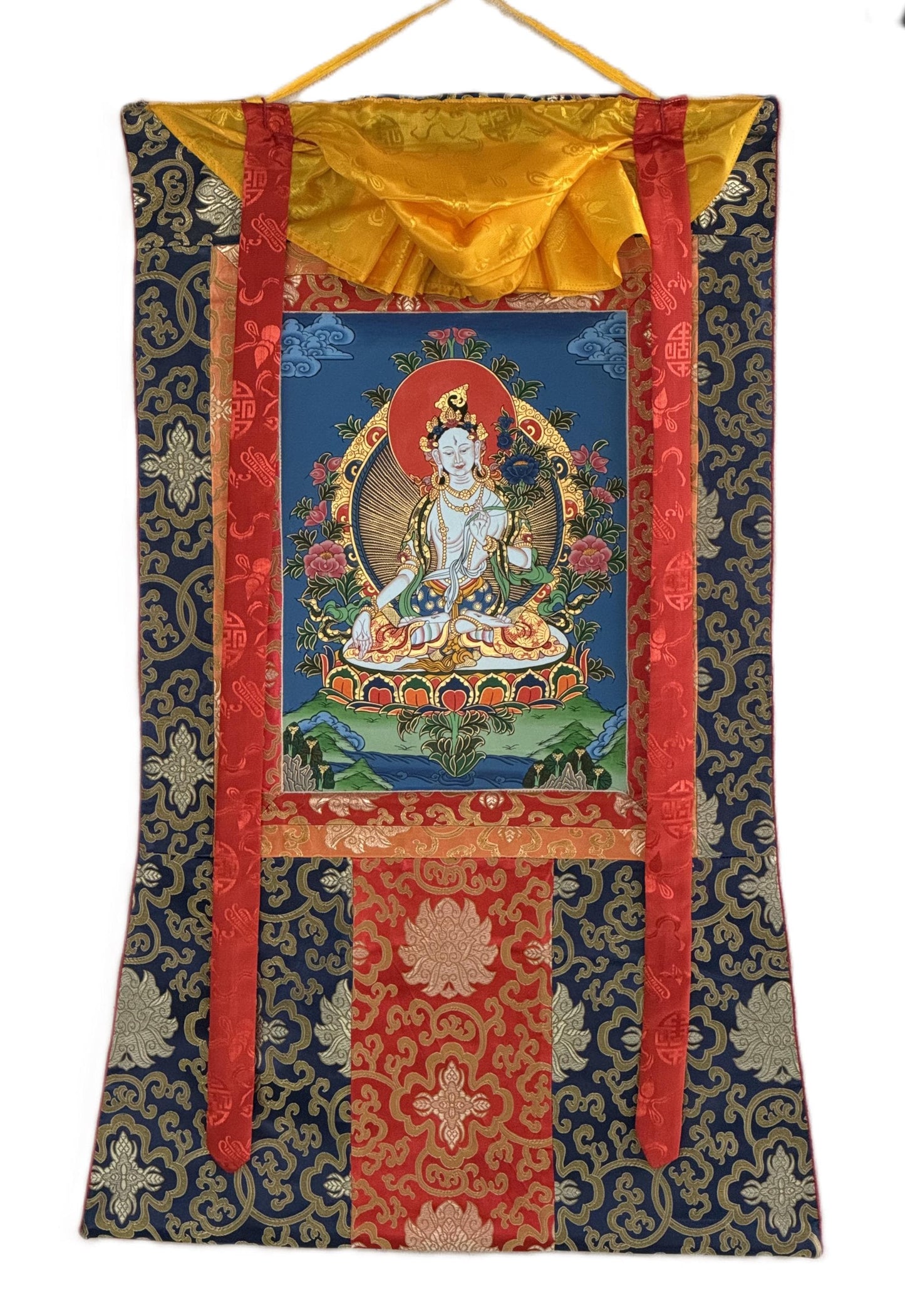 Hand-Painted White Tara Thangka with Silk Brocade