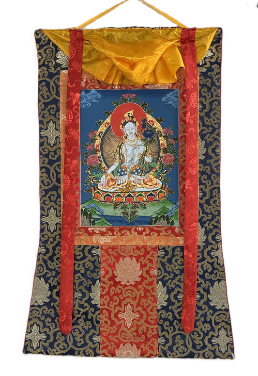 Hand-Painted White Tara Thangka with Silk Brocade
