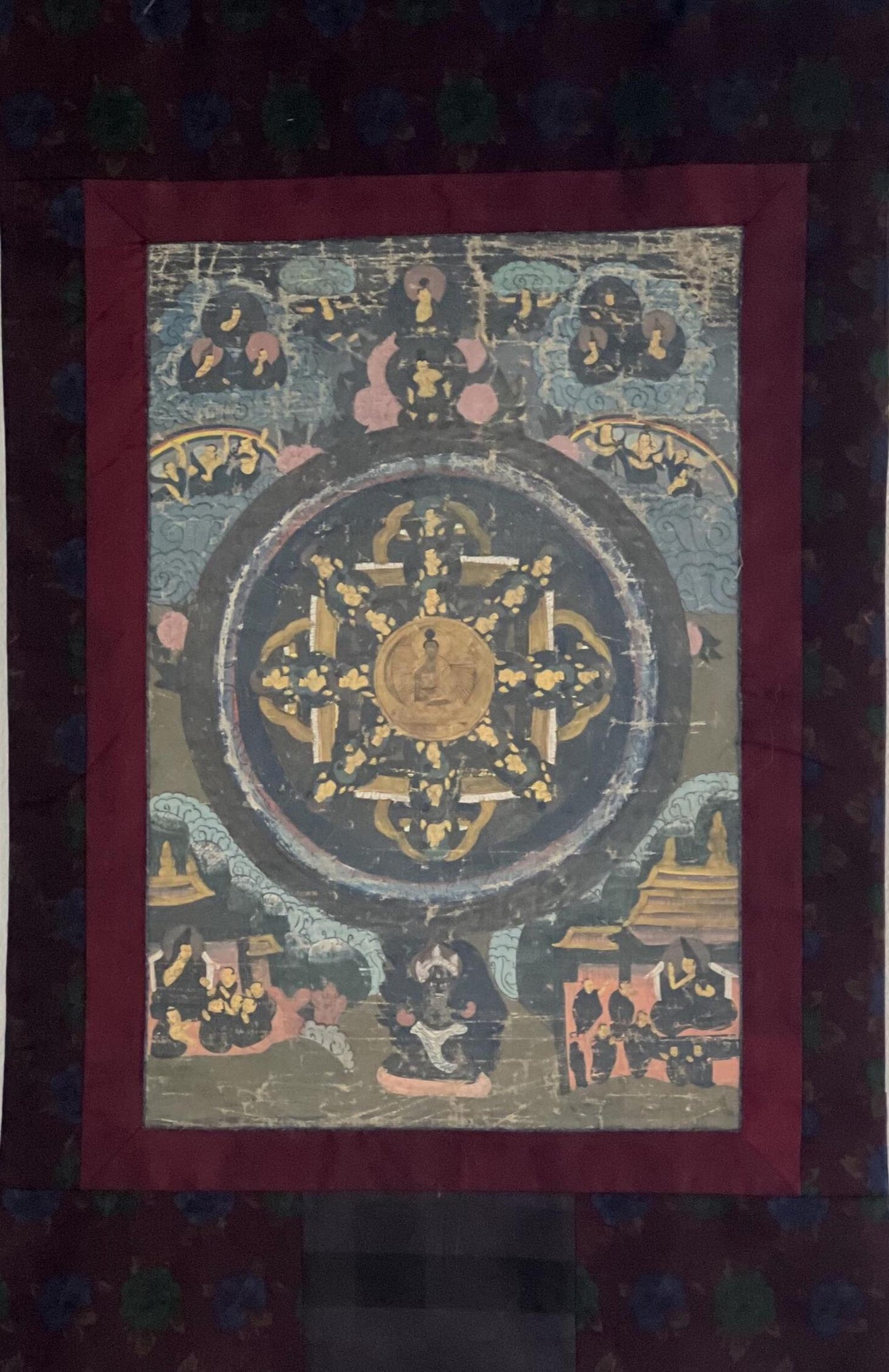 Old Buddha Life Story Mandala | Tibetan Thangka Painting, Meditation Art with Cotton Brocade