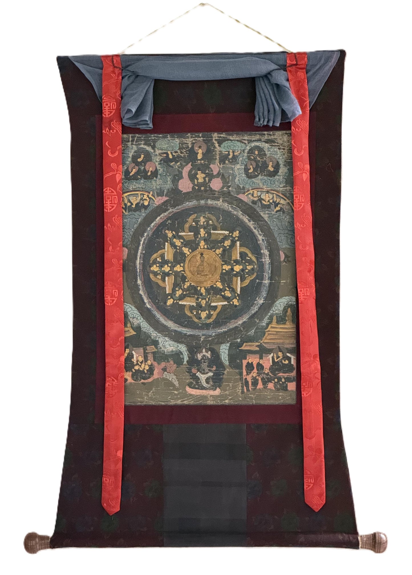 Old Buddha Life Story Mandala | Tibetan Thangka Painting, Meditation Art with Cotton Brocade