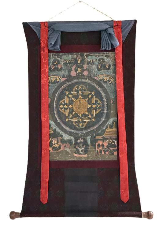 Old Buddha Life Story Mandala | Tibetan Thangka Painting, Meditation Art with Cotton Brocade