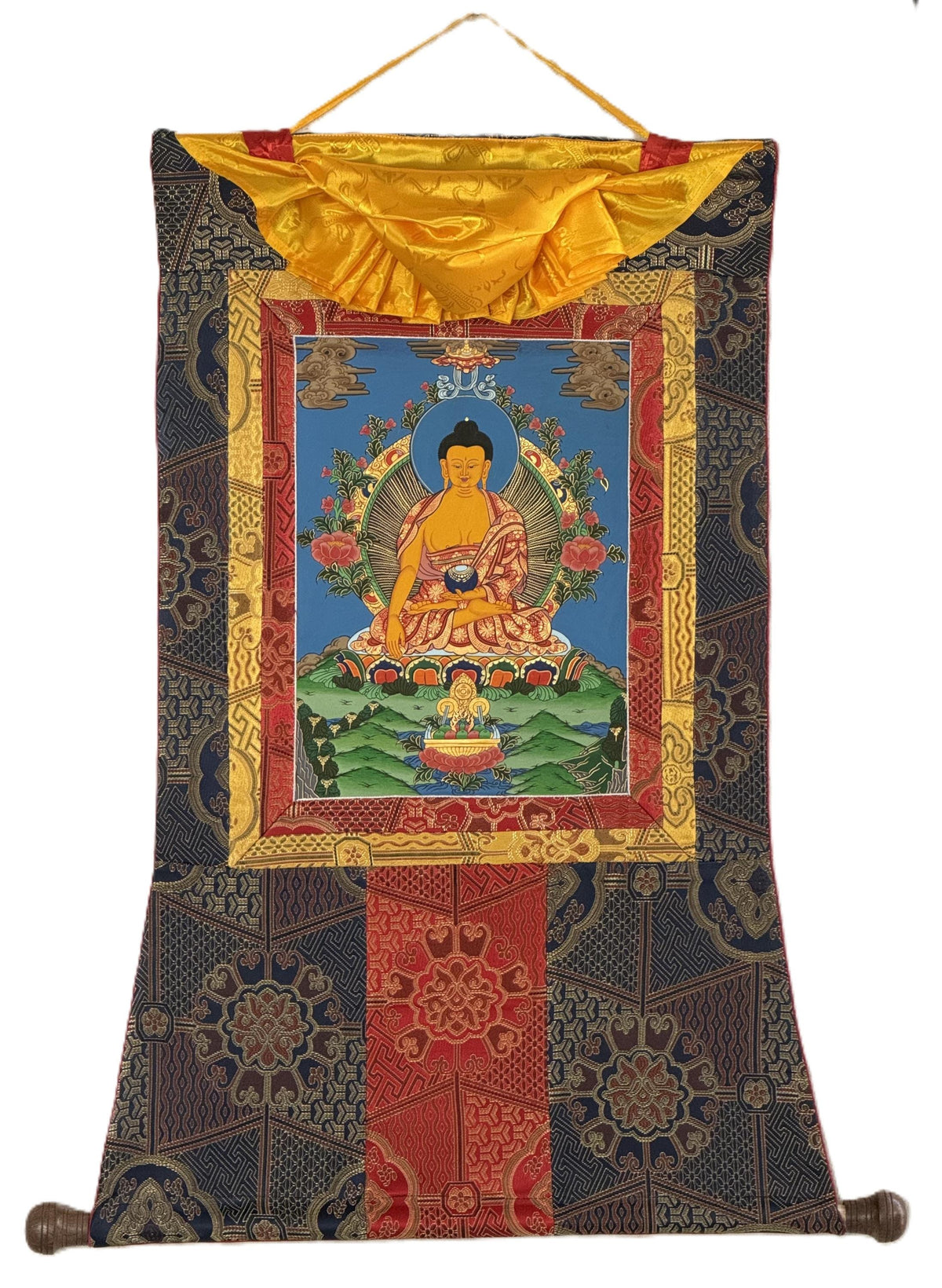 Hand-Painted Shakyamuni Buddha Thangka  Tibetan Silk Brocade Wall Art