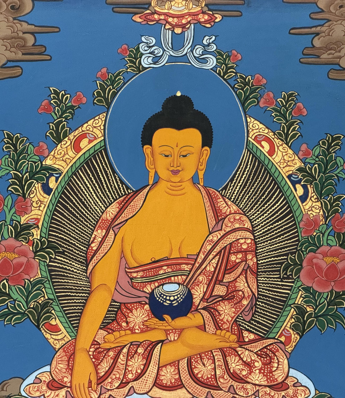 Hand-Painted Shakyamuni Buddha Thangka  Tibetan Silk Brocade Wall Art