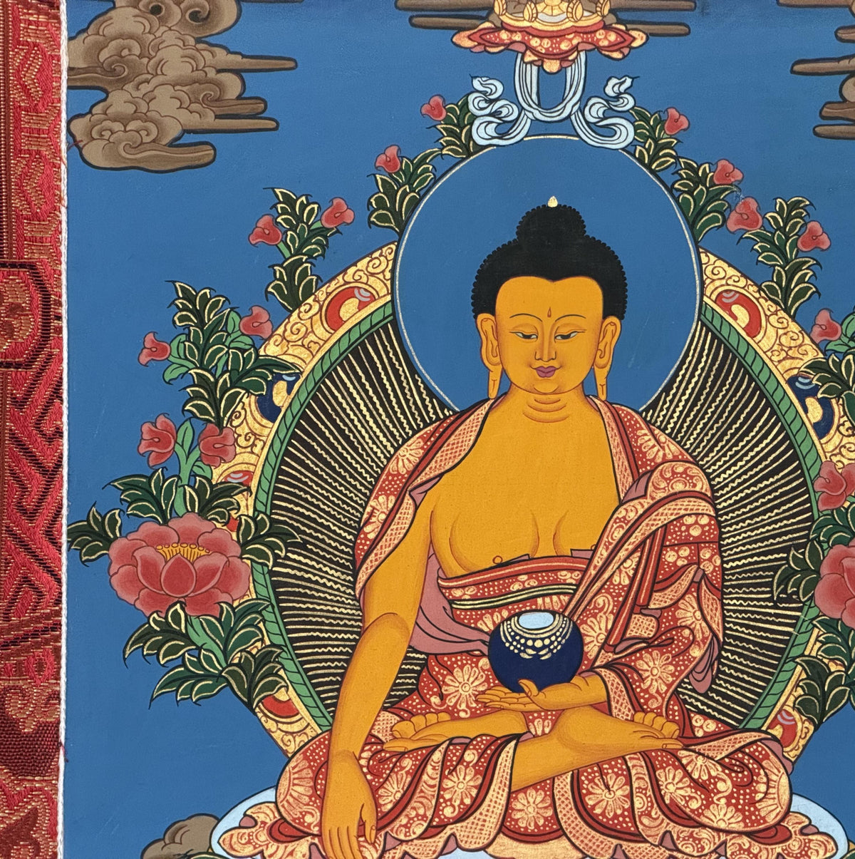 Hand-Painted Shakyamuni Buddha Thangka  Tibetan Silk Brocade Wall Art
