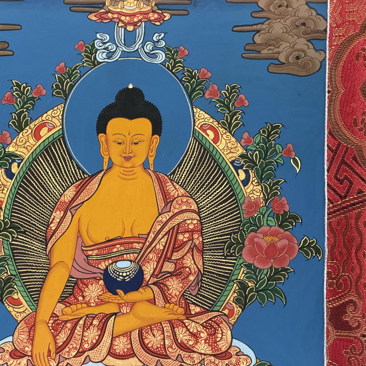 Hand-Painted Shakyamuni Buddha Thangka  Tibetan Silk Brocade Wall Art