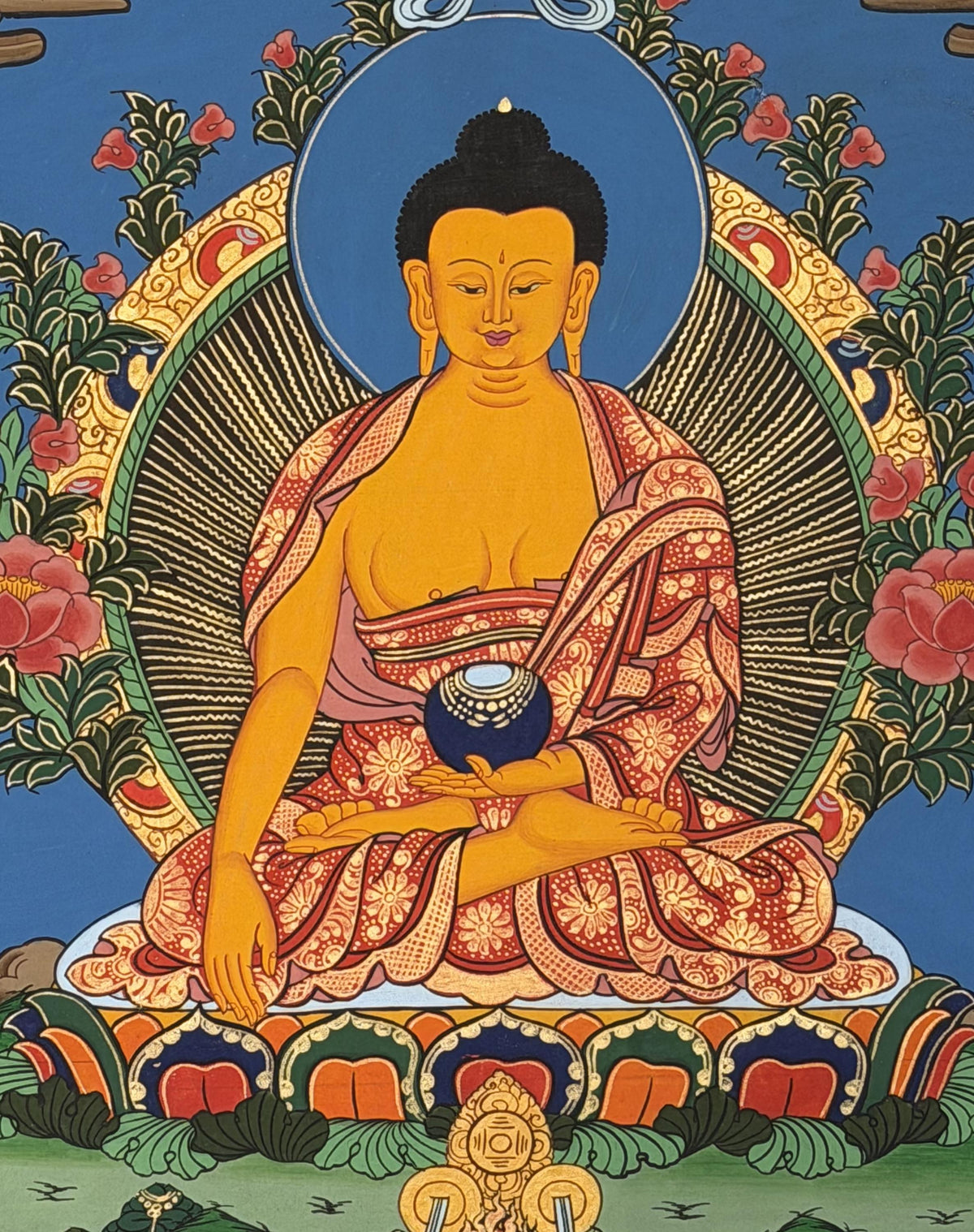 Hand-Painted Shakyamuni Buddha Thangka  Tibetan Silk Brocade Wall Art