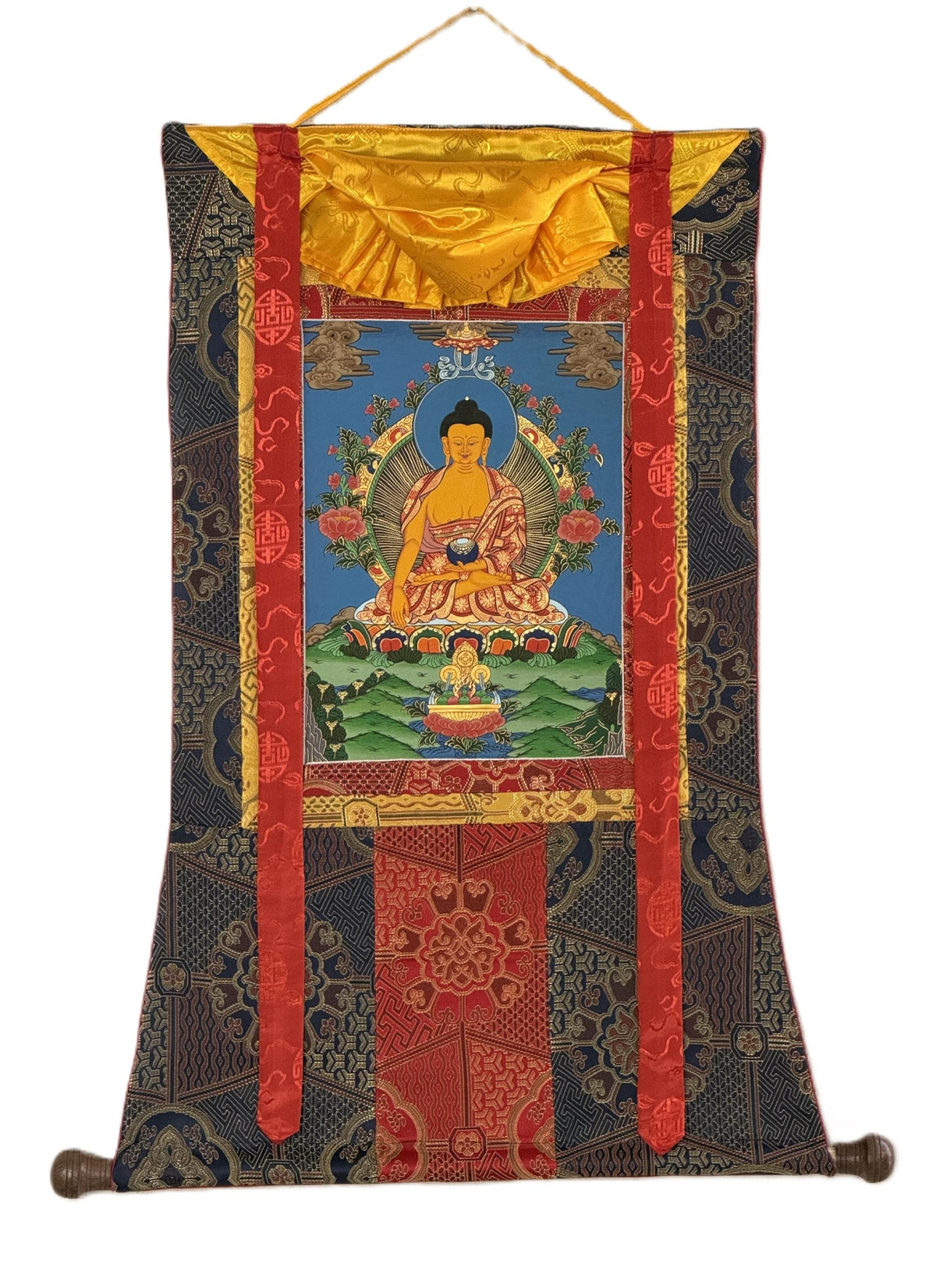 Hand-Painted Shakyamuni Buddha Thangka  Tibetan Silk Brocade Wall Art