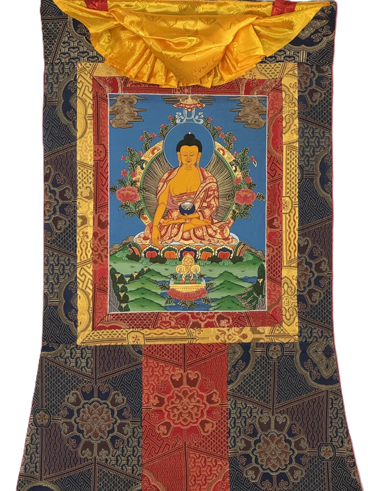 Hand-Painted Shakyamuni Buddha Thangka  Tibetan Silk Brocade Wall Art