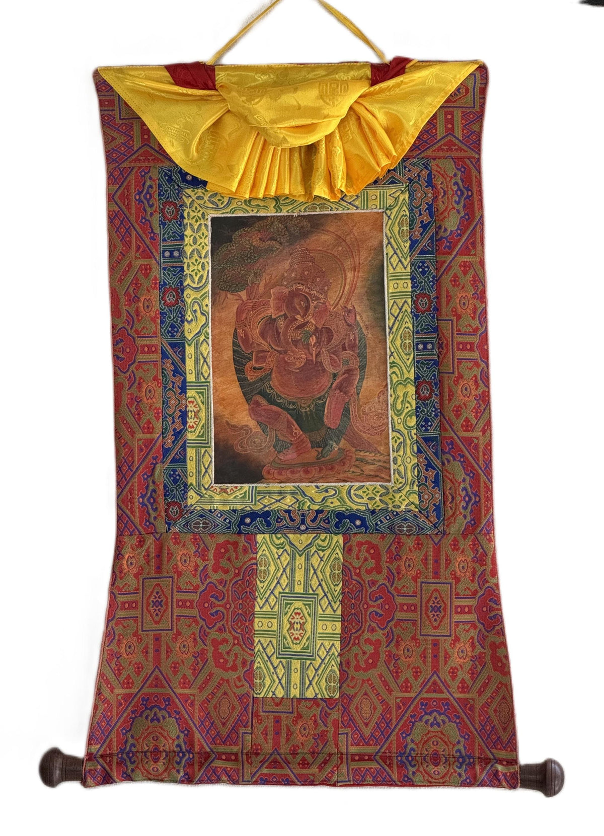 Lord Ganesha Thangka Painting | Silk Brocade Hindu Art Wall Hanging
