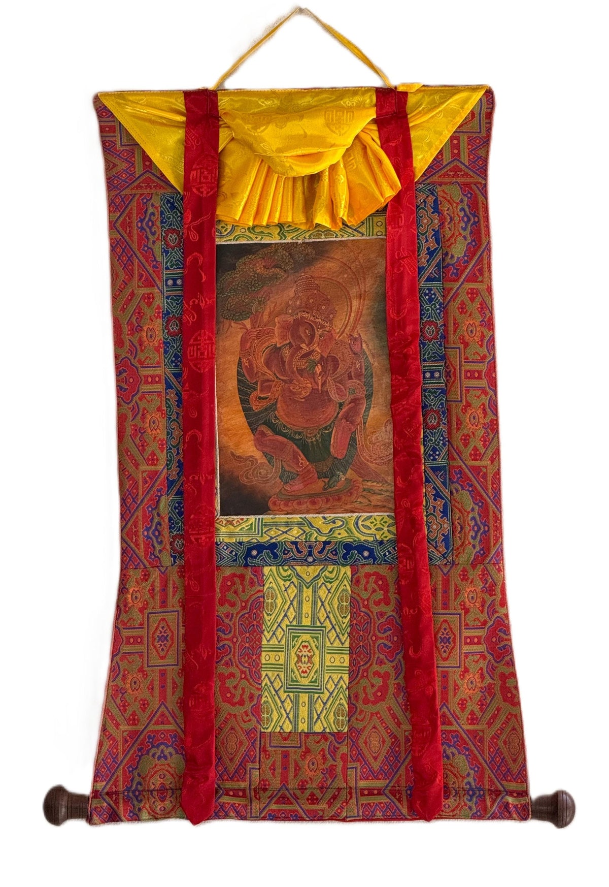 Lord Ganesha Thangka Painting | Silk Brocade Hindu Art Wall Hanging
