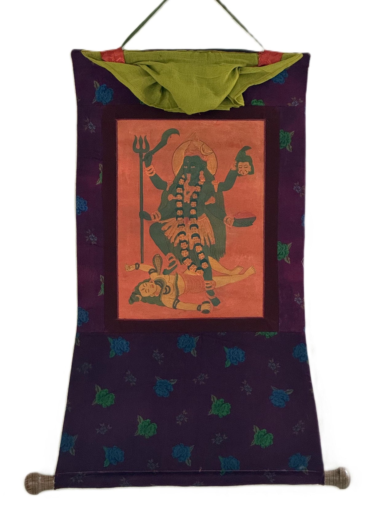 Mahakali Painting | Hand Painted Thangka with Cotton Brocade | Kali Hindu Tantric Wall Art