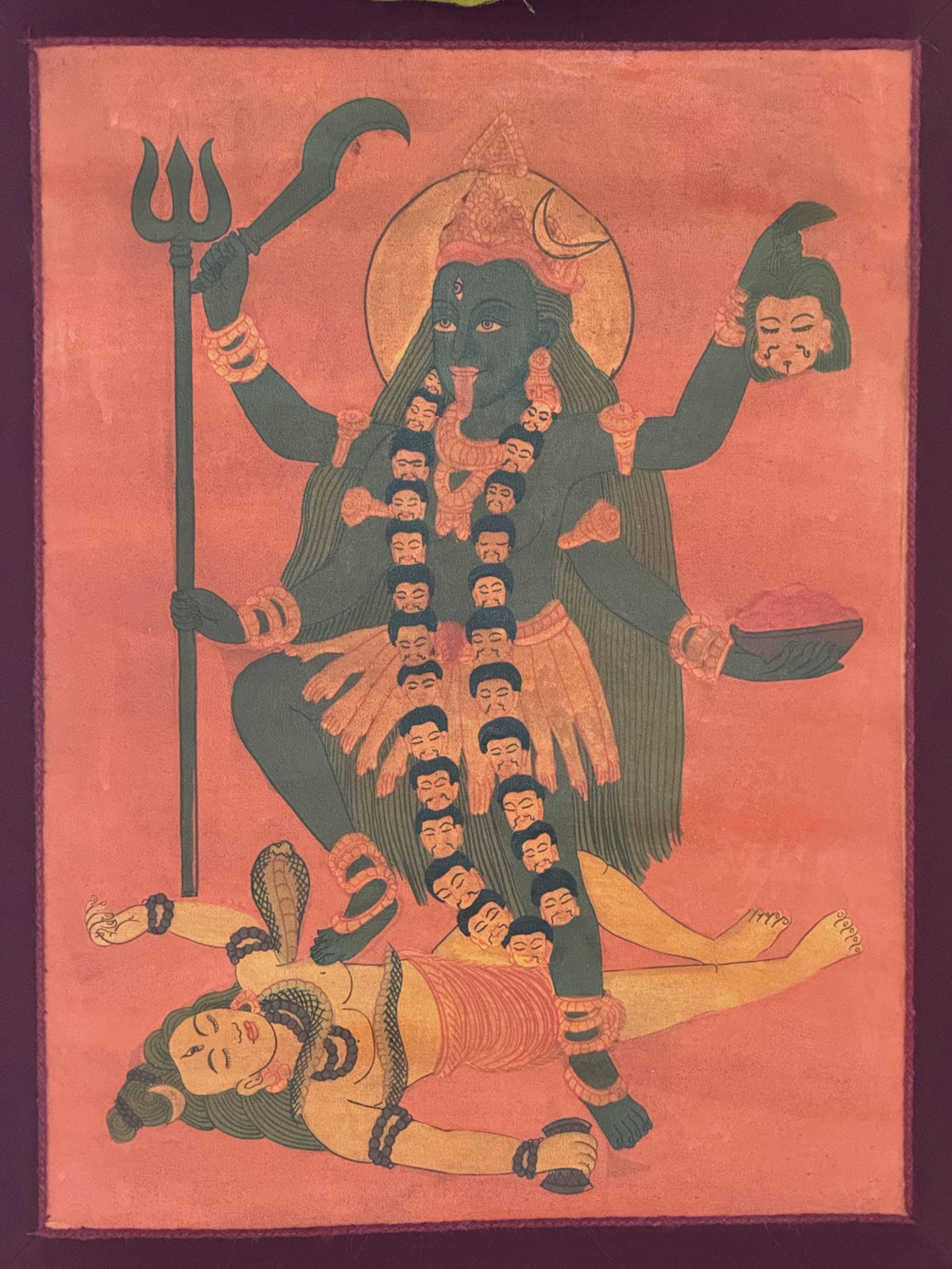 Mahakali Painting | Hand Painted Thangka with Cotton Brocade | Kali Hindu Tantric Wall Art
