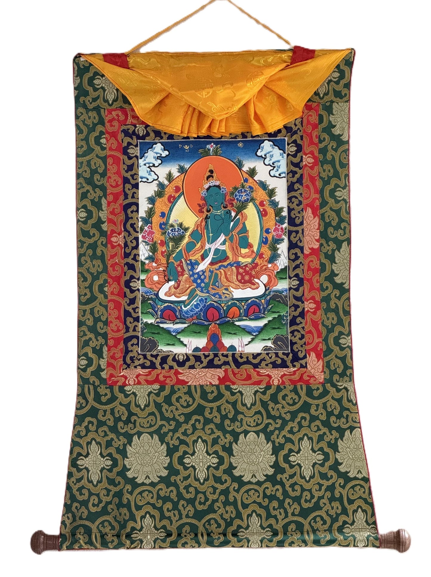 Green Tara Thangka | Tibetan Buddhist Goddess | Hand-Painted Art | Compassion Deity | Silk Brocade