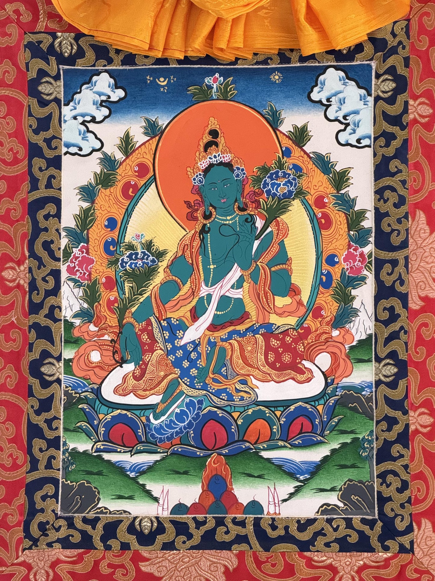 Green Tara Thangka | Tibetan Buddhist Goddess | Hand-Painted Art | Compassion Deity | Silk Brocade