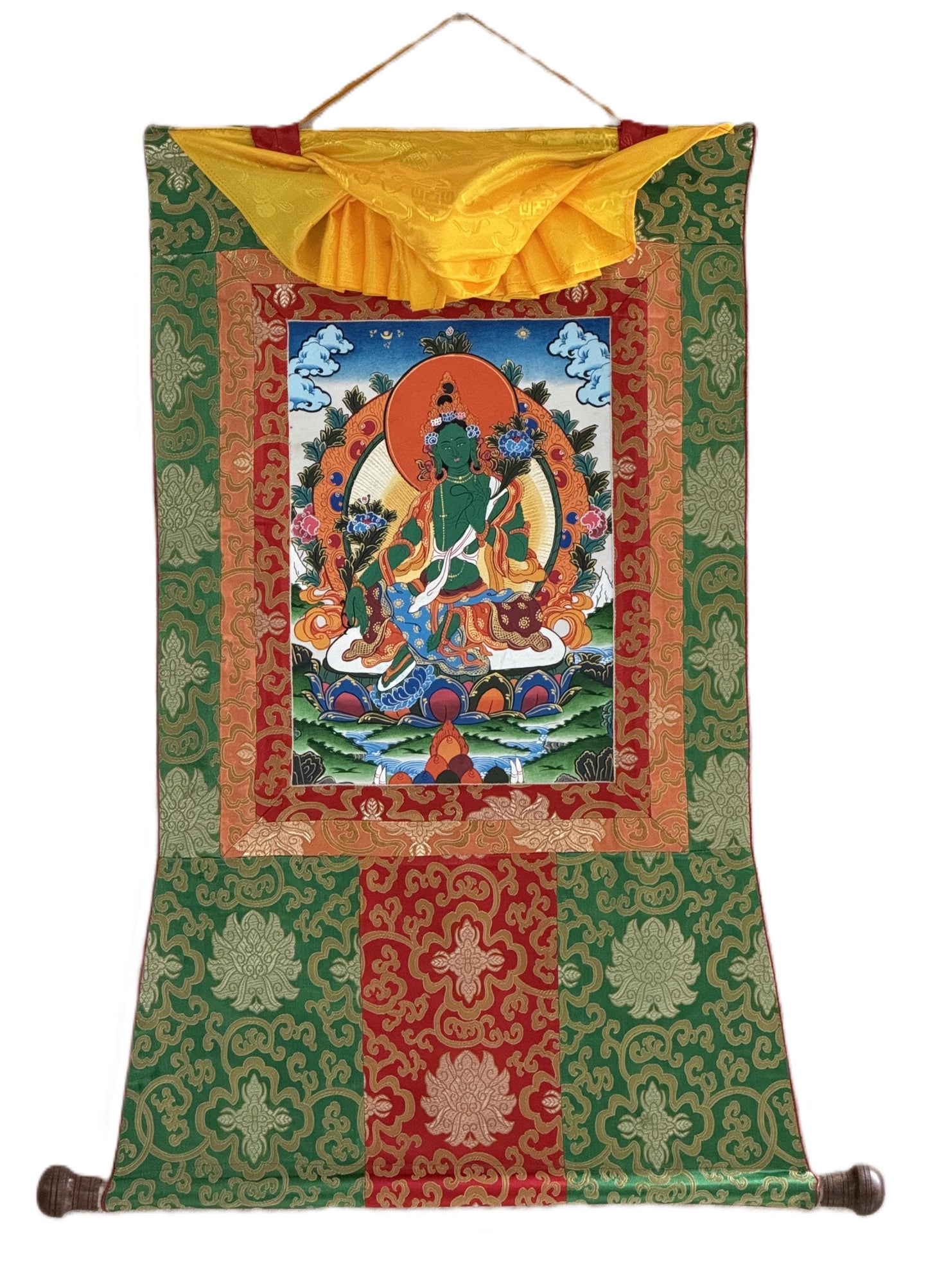 Green Tara Tibetan Thangka – Hand-Painted Goddess of Compassion Painting with Silk Brocade