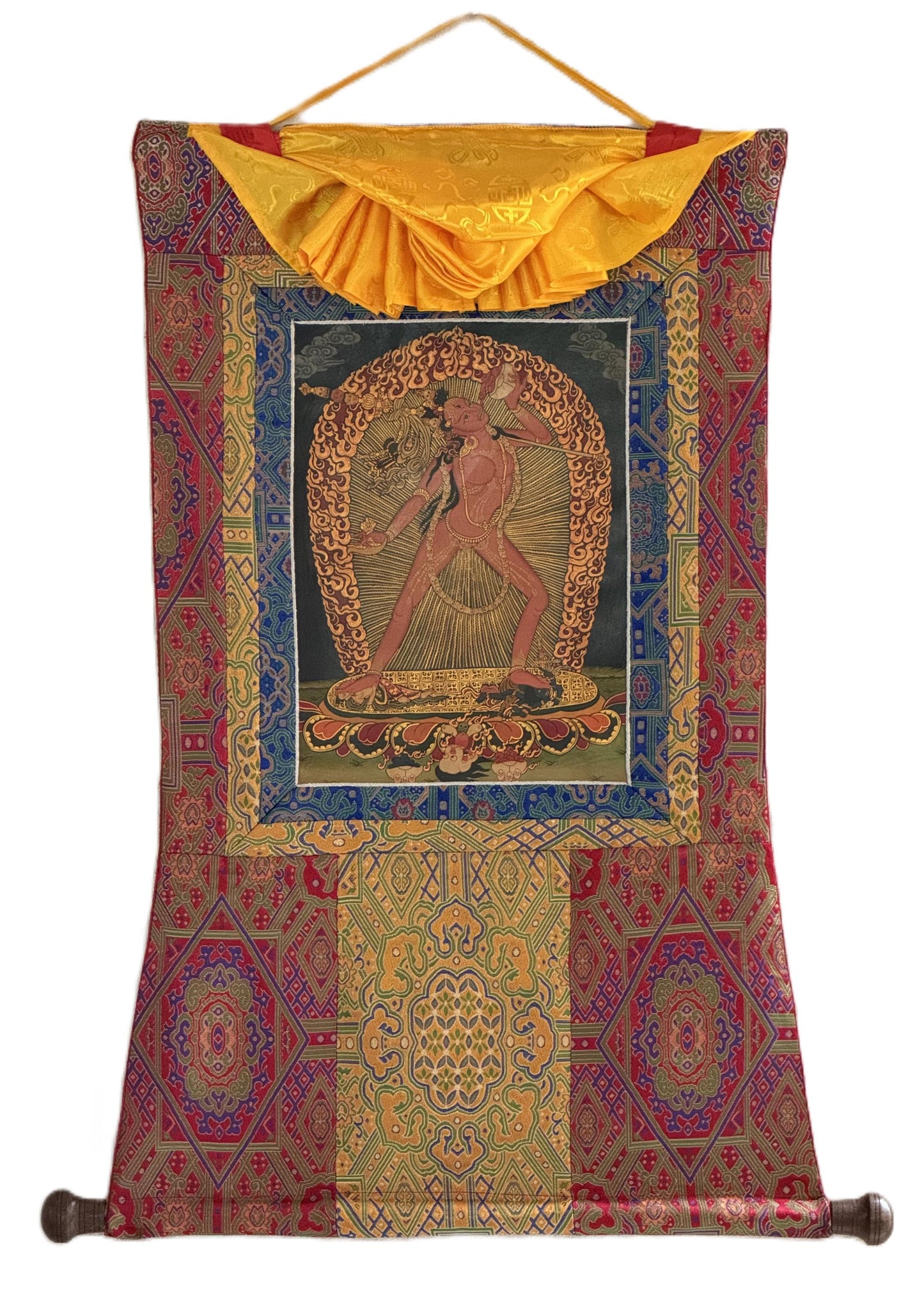 Vajrayogini Thangka Oil Varnished | Hand-Painted Tibetan Tantric Art with Silk Brocade