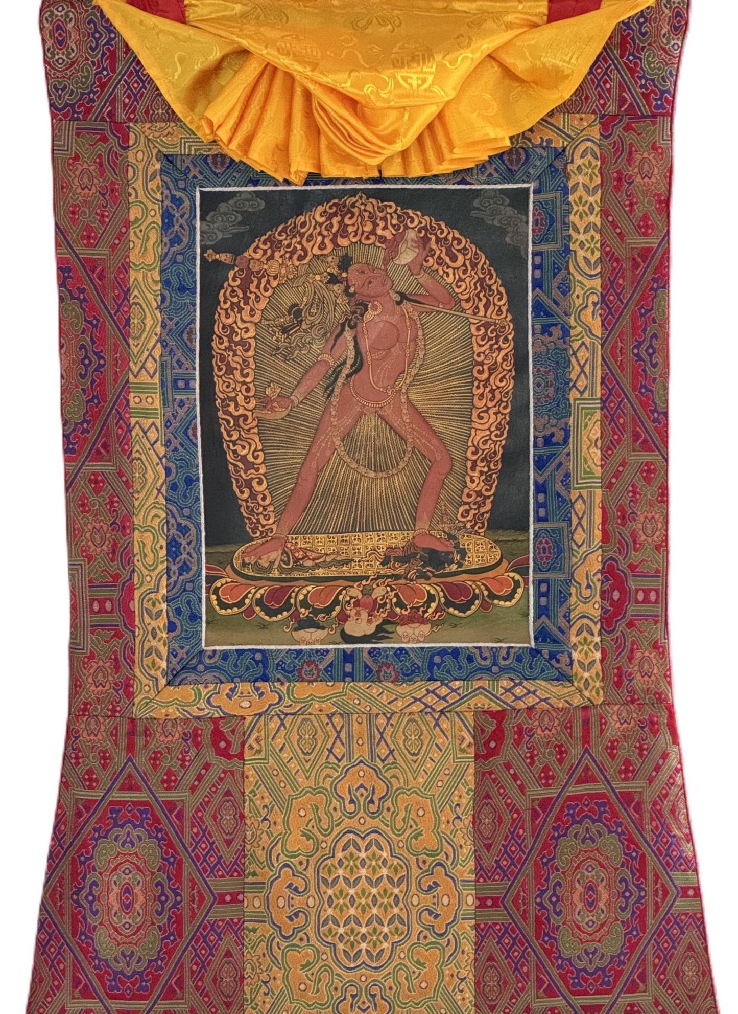 Vajrayogini Thangka Oil Varnished | Hand-Painted Tibetan Tantric Art with Silk Brocade