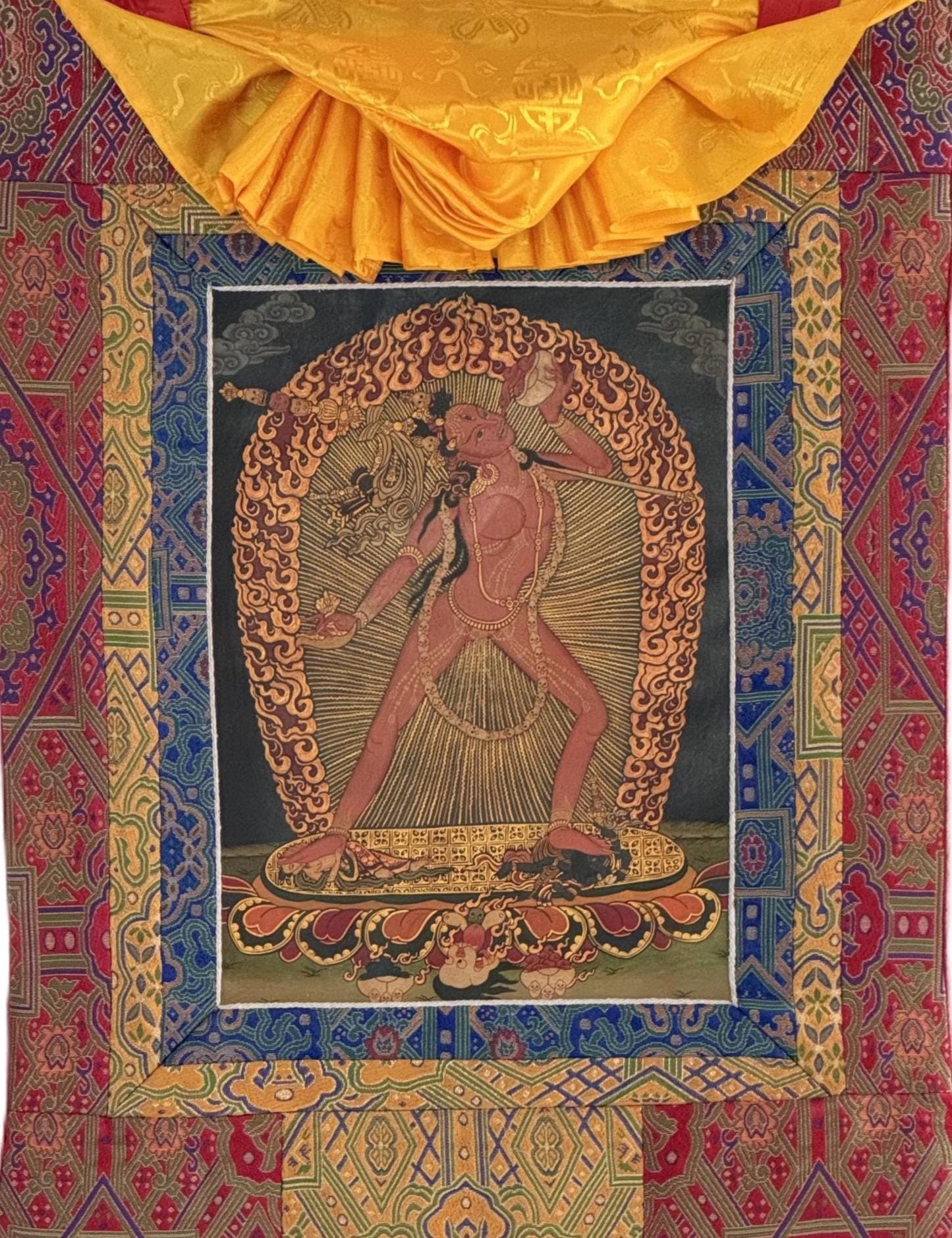 Vajrayogini Thangka Oil Varnished | Hand-Painted Tibetan Tantric Art with Silk Brocade