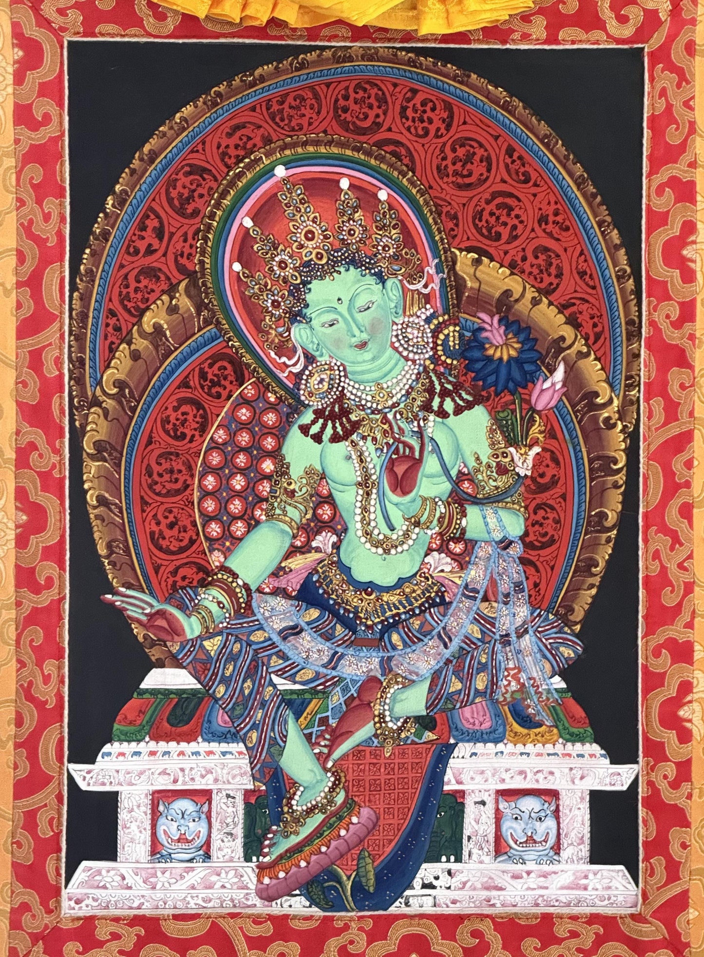 Green Tara Newari Paubha Thangka | Hand-Painted Tibetan Buddhist Art with Silk Brocade
