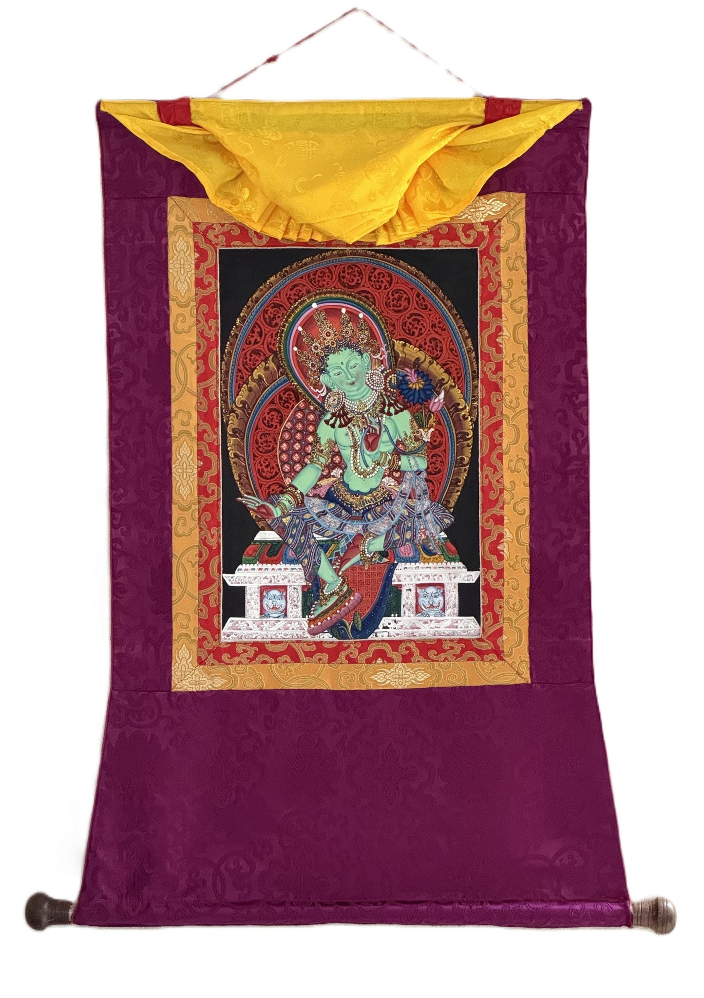 Green Tara Newari Paubha Thangka | Hand-Painted Tibetan Buddhist Art with Silk Brocade